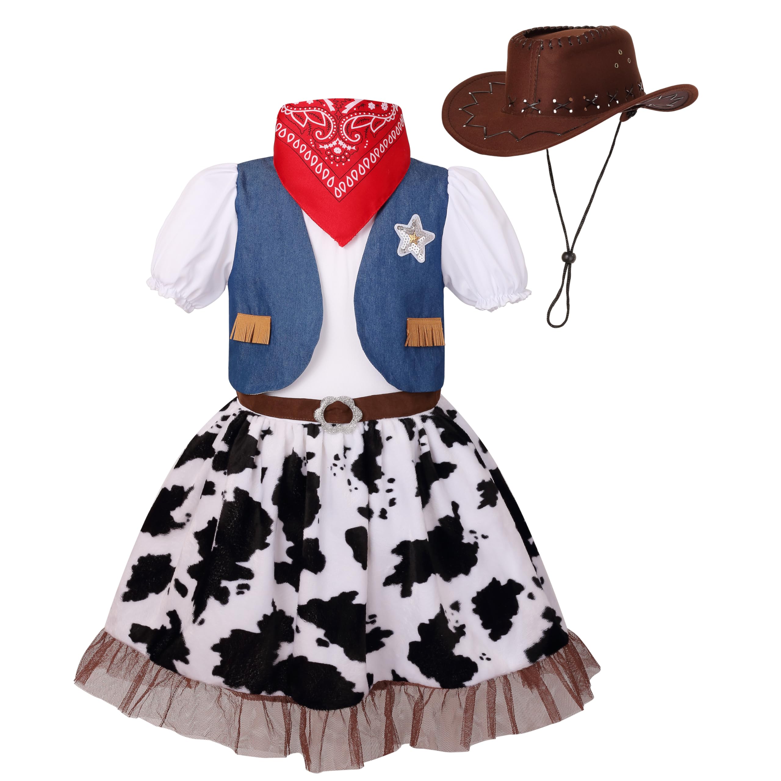 HAPNBCELE Girls Cowgirl Costume with Hat, Bandanna, Western Outfit World Book Day Halloween Birthday Party Cosplay 3-12 Years (Blue, 5-6 Years)