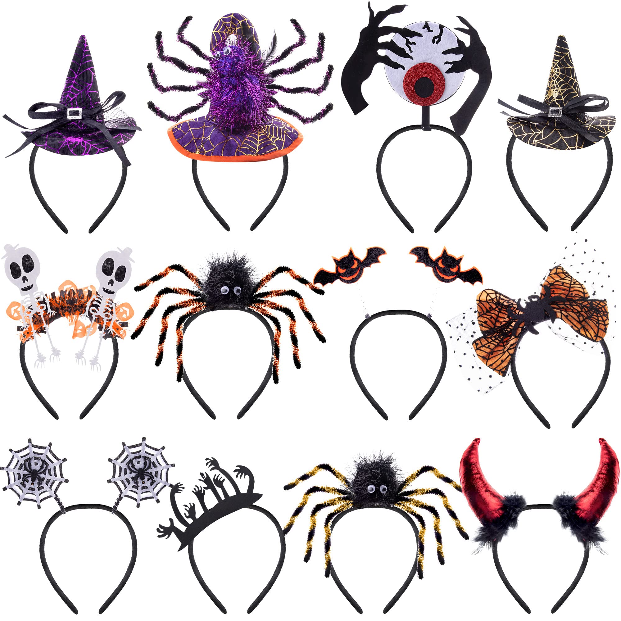 BQTQ 12 Pieces Halloween Costume Headbands - Witch Hat, Eyeballs, Black Bat, Spider, Skeleton for Cosplay Party Favors