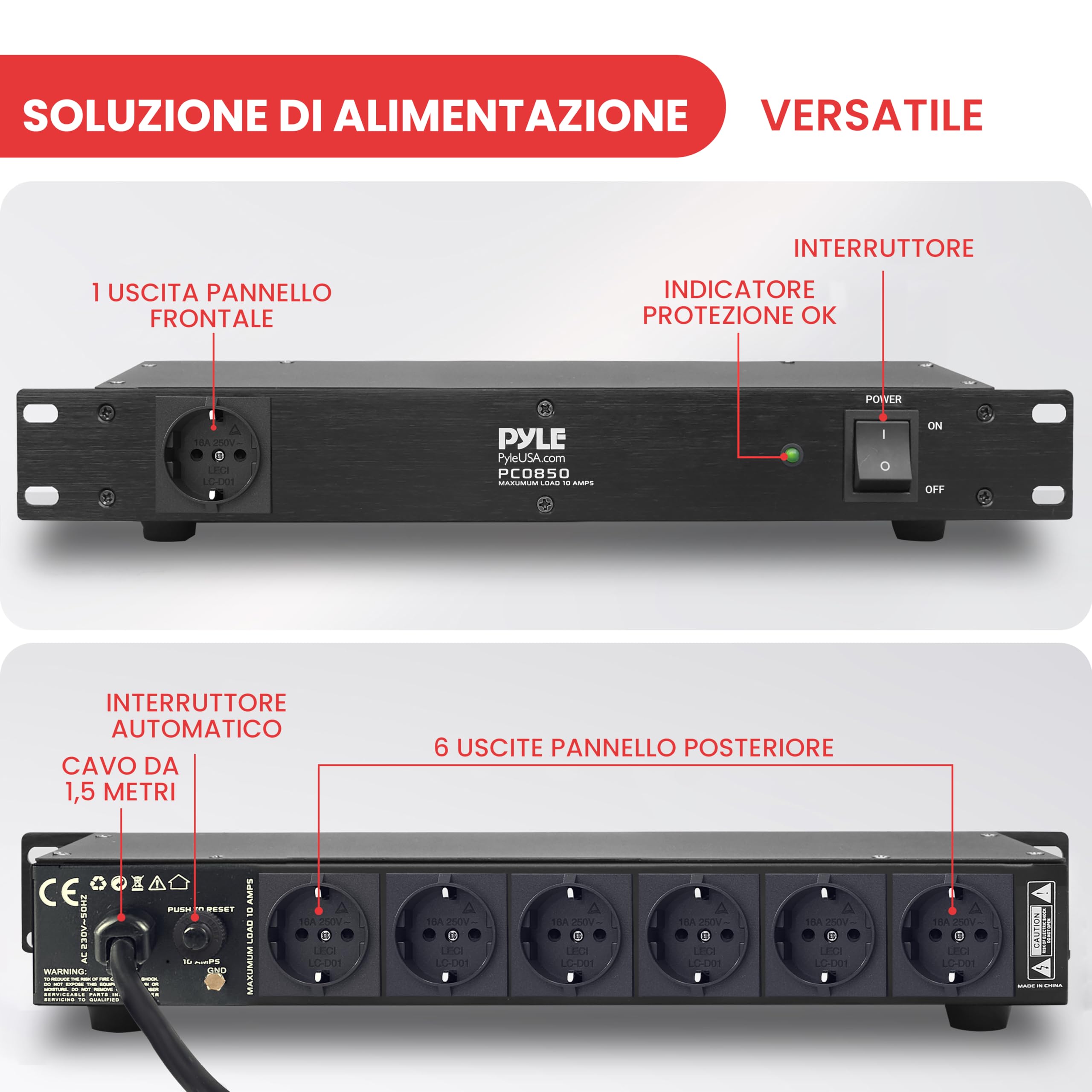 Pyle Multipresa PDU, Protezione Sovratensione, 150 Joule 15 A 7 Prese, Cavo Elettrico Robusto, 1U Rack Montaggio, Barra di Alimentazione con Filtro AC