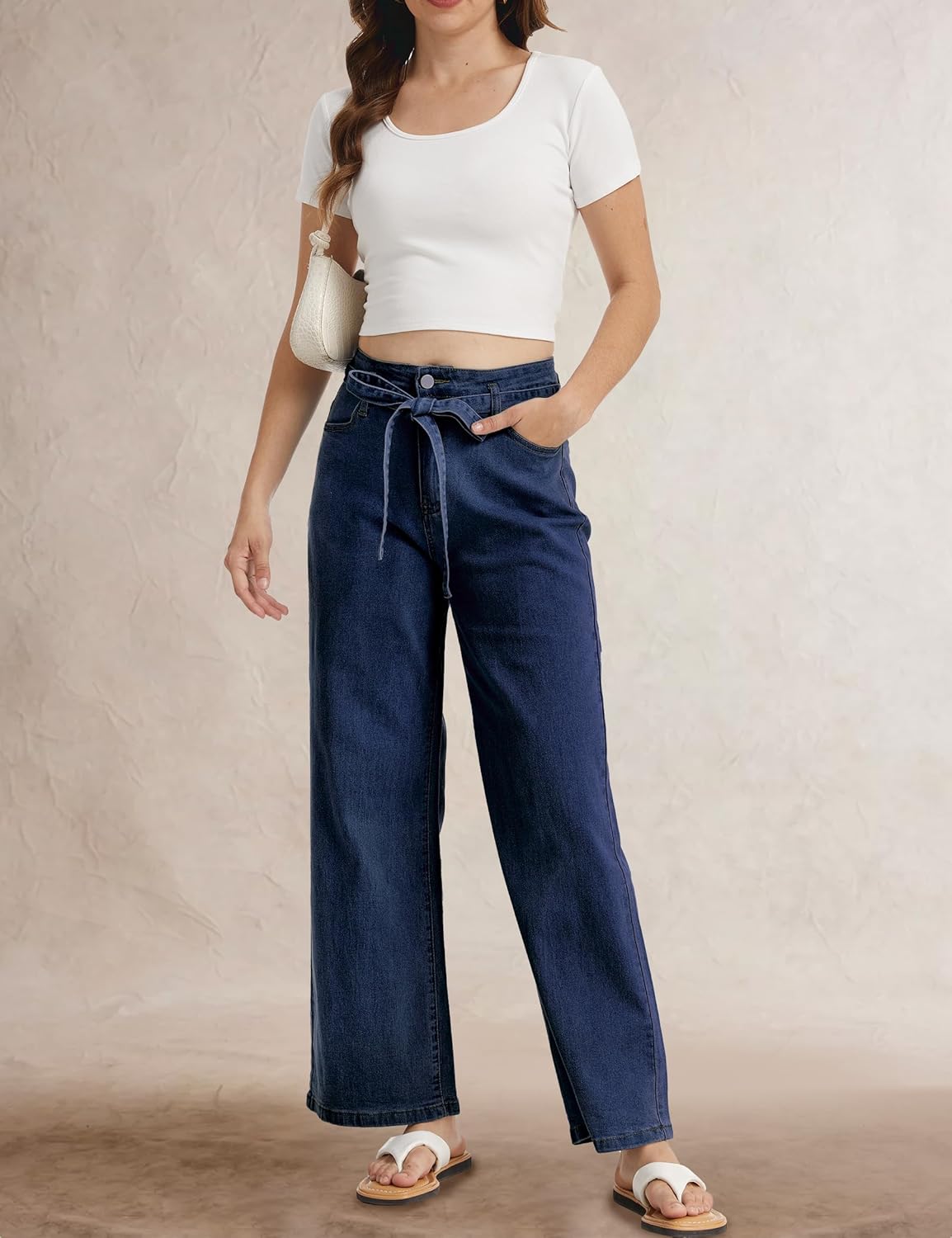 Demoking Wide Leg Jeans for Women Hight Waist Baggy Straight Leg Denim Pants Stretchy Trendy with Belt