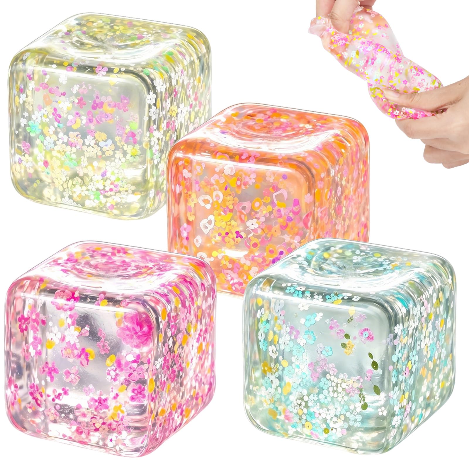 4PCS Ice Cube Squishy Fidget Toy, Squishy Cubes, Flower Slow Rising Squishy