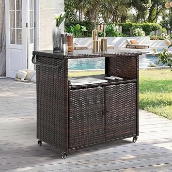 SoarFlash 35.2" Outdoor Wicker Bar Cart, Rattan Patio Bar Table with Double-Layer Storage and Wheels for Backyard, Poolside, Garden, Light Brown