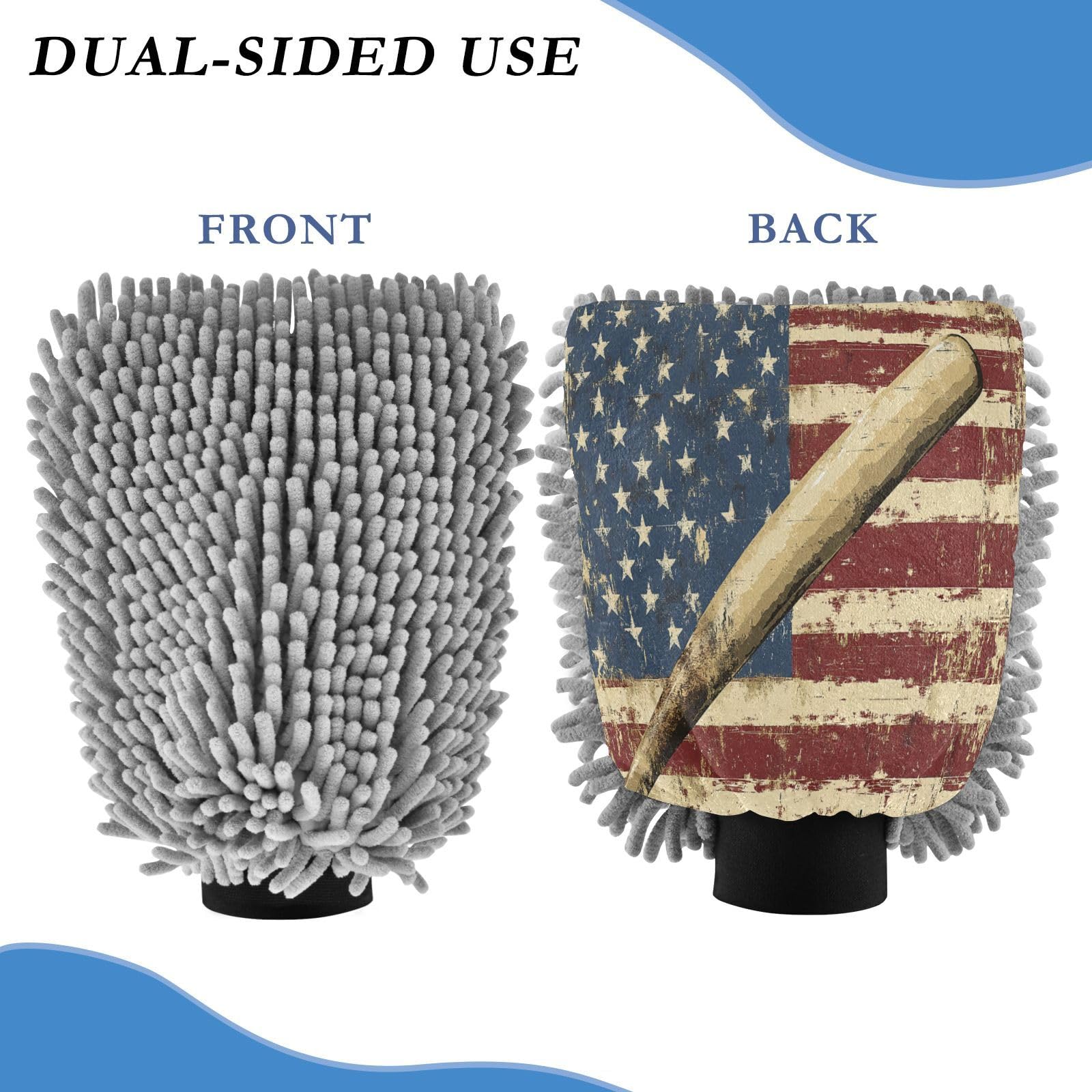 STAYTOP Retro American Flag and Baseball Car Wash Mitt Microfiber, 2Pcs Scratch Free Lint-Free, Premium Chenille Microfiber Mitt Car Wash Brush-M