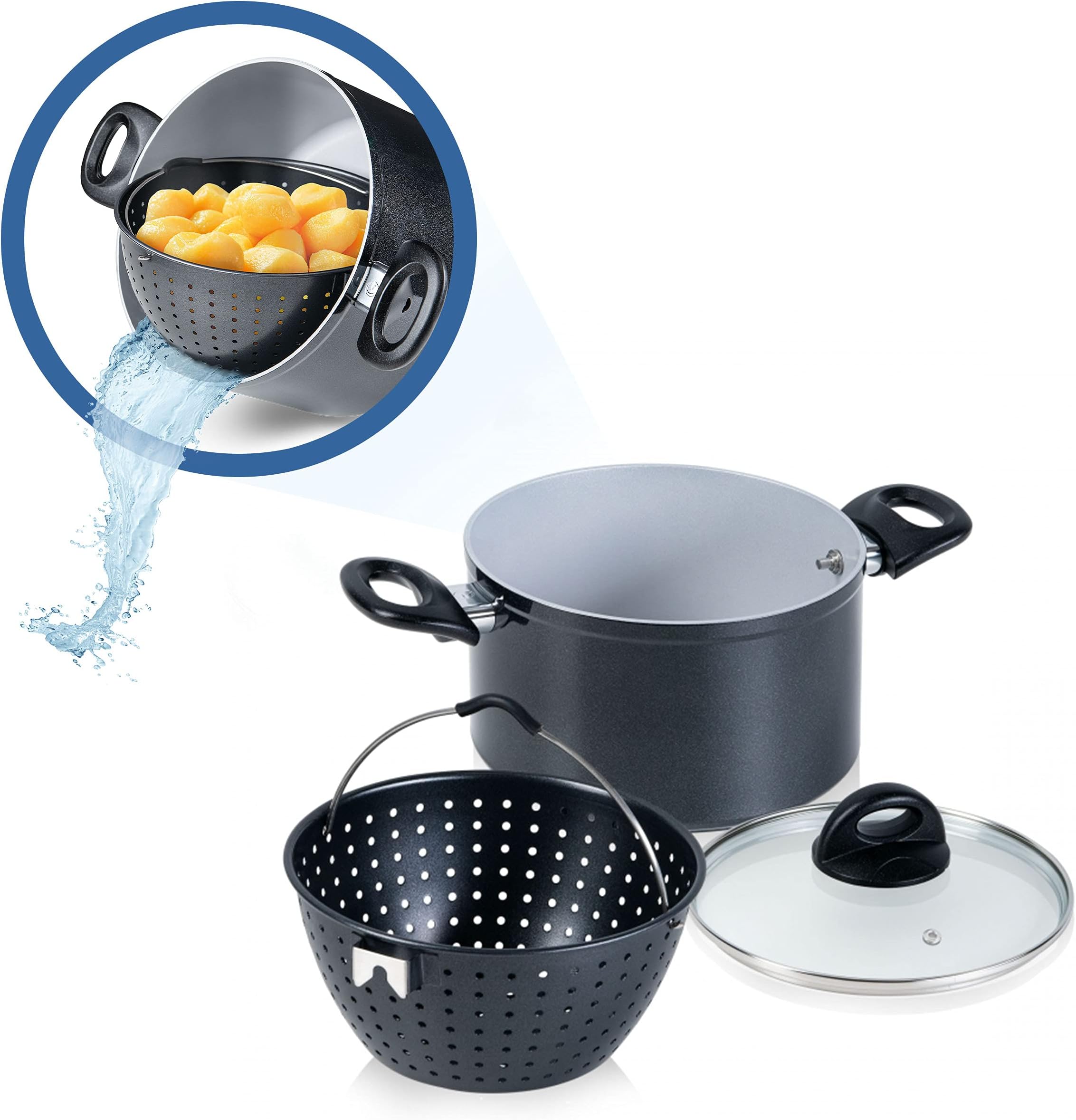 Genius Cerafit Magic Pot Cooking Pot Set 20 cm - Pot 3.7 L with Strainer Insert and Glass Lid for Easy Cooking, Turning, Steaming & Serving Pasta, Pasta Pot for All Types of Cookers, A24661, Black