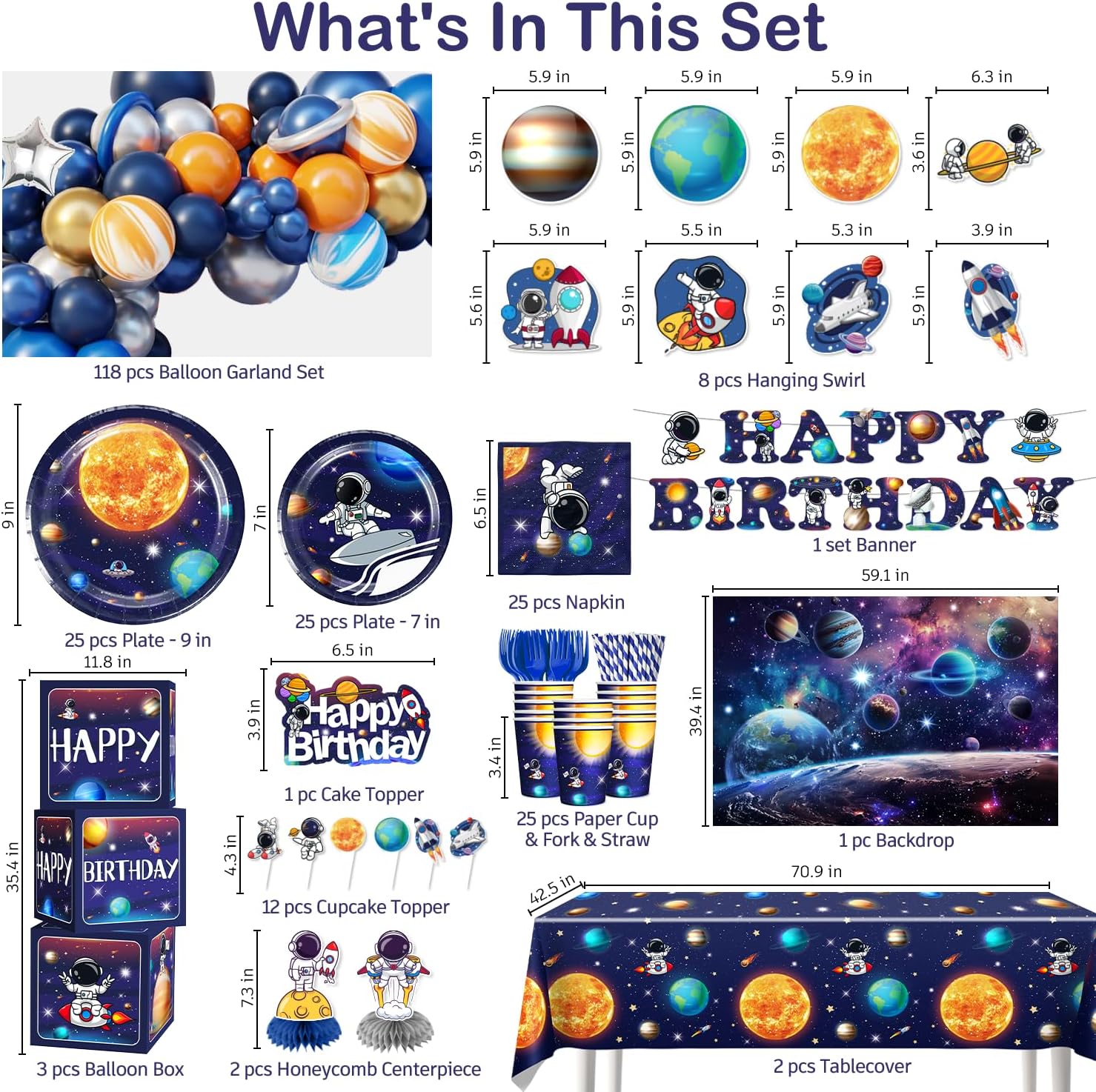 296PCS Space Birthday Decorations, All-in-1 Party Pack, 25 Serves Disposable Tableware Set, Includes Balloon Boxes, Backdrop Tablecloth for Outer Astronaut Birthday Decorations - Image 2