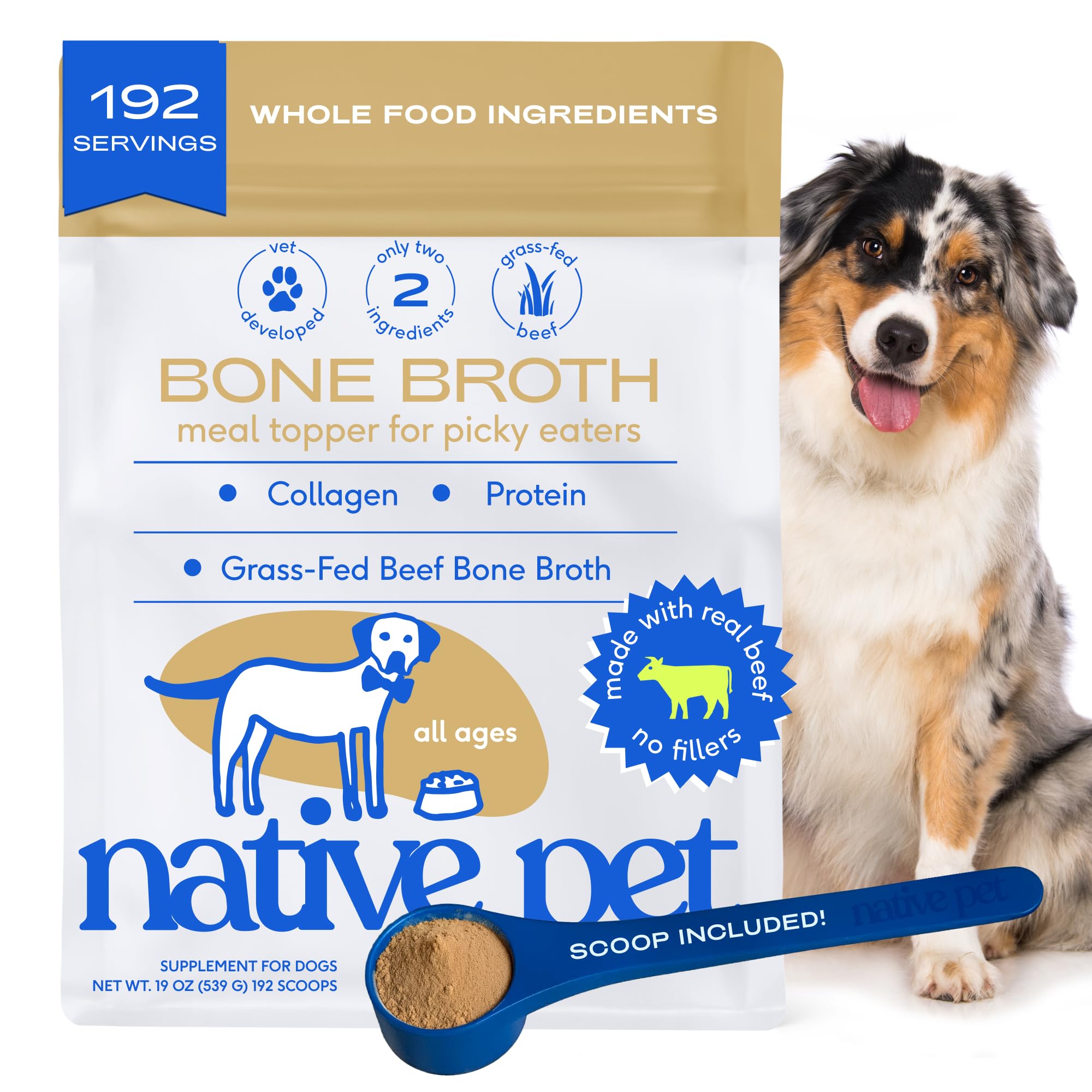 Native Pet Bone Broth for Dogs and Cats - Made with Real Beef Bone Broth, Dog Food Toppers for Picky Eaters- Provides Extra Hydration & Nutrition for Joint Strength, Immunity & Heart Health-192 Scoops