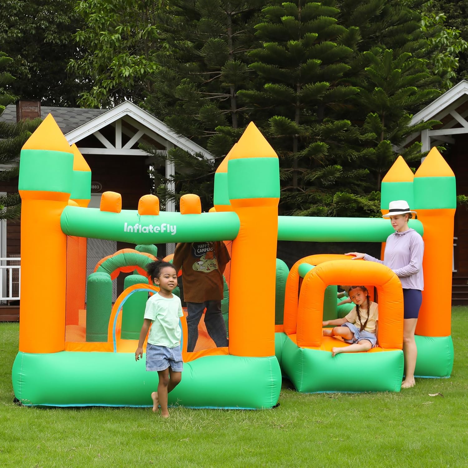 Inflatable Bounce House, 8 in 1 Obstacle Bounce House with 750W Blower, Jumping, Crawling, Punching Bag, Crawl Tunnel, Obstacle Posts for Kids Outdoor Indoor
