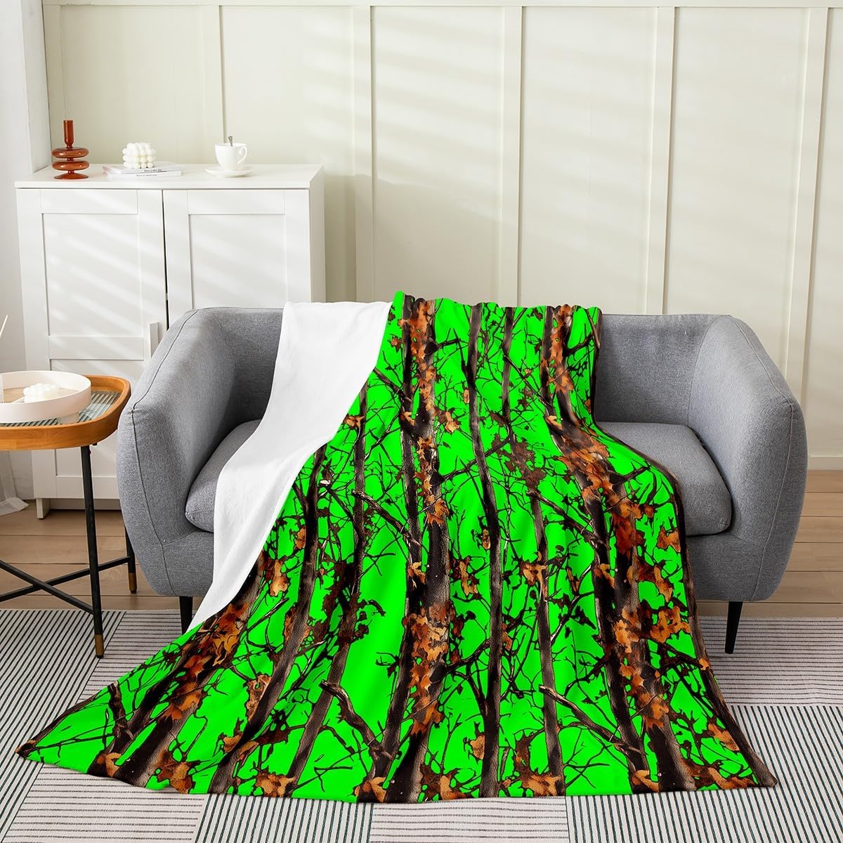 Erosebridal Green Camo Fleece Blanket for Kids Teens Adults,Hunting Camouflage Throw Blanket Queen 90x90 Inch Sofa Bed Decor,Rustic Farmhouse Cabin Bed Blanket Woodland Branches Flannel Blanket