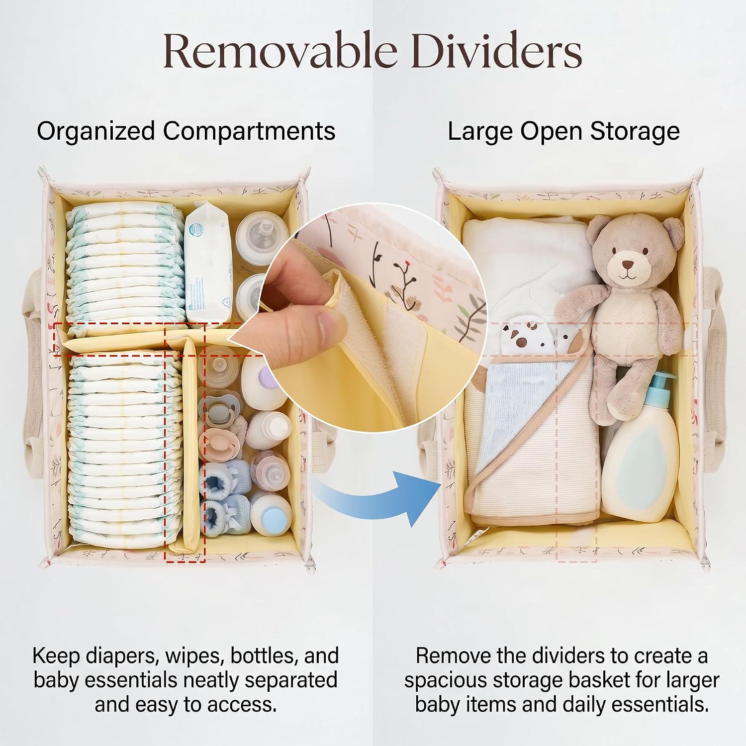 Floral Diaper Caddy Organizer with Gift Bag & Ribbon, Baby Shower Gift Basket, Portable Nursery Storage Bin with Removable Dividers & Handle, Baby Essentials Organizer for New Moms