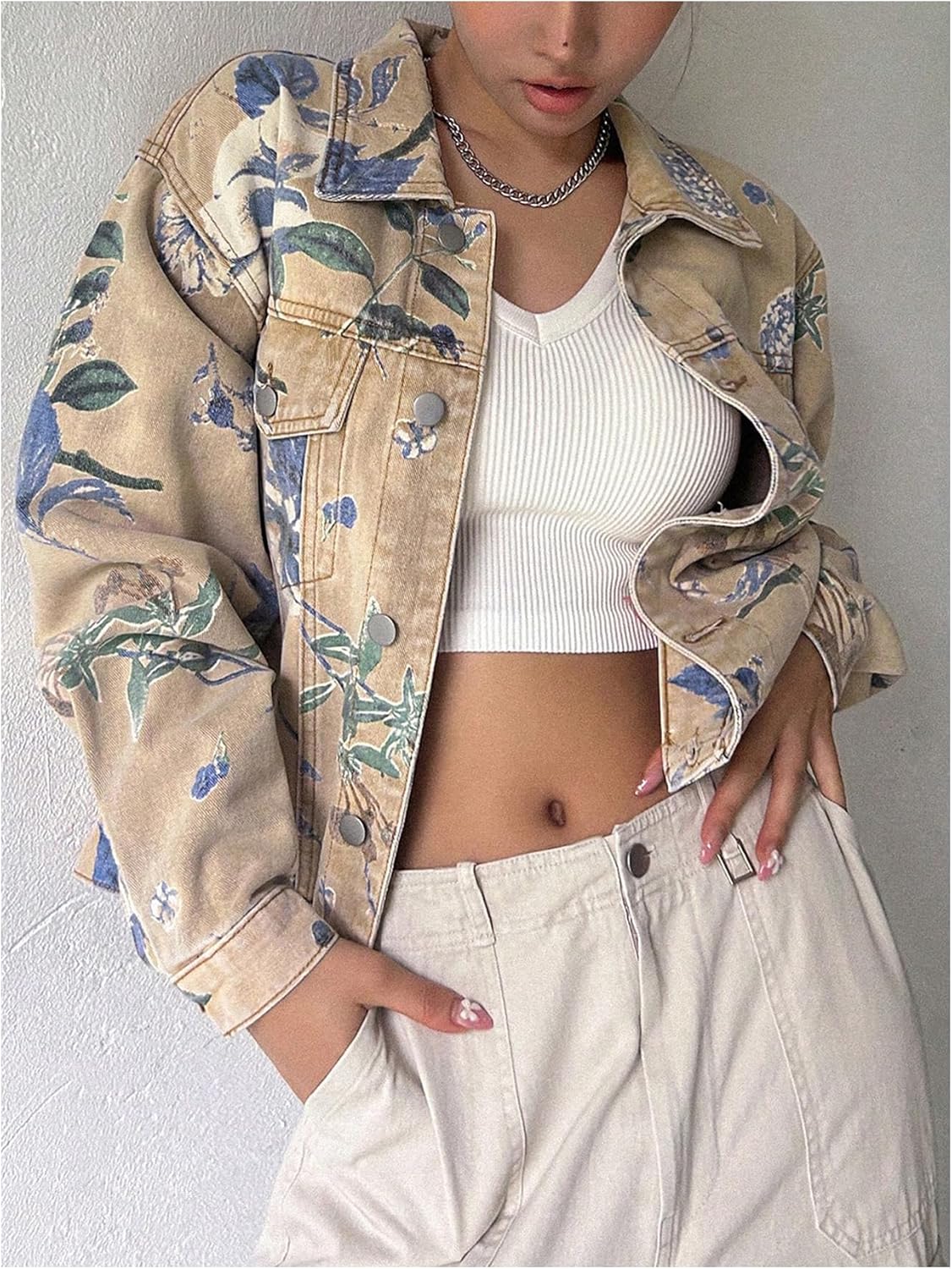 WDIRARA Women's Floral Print Button Down Denim Jacket Long Sleeve Outerwear - Image 5