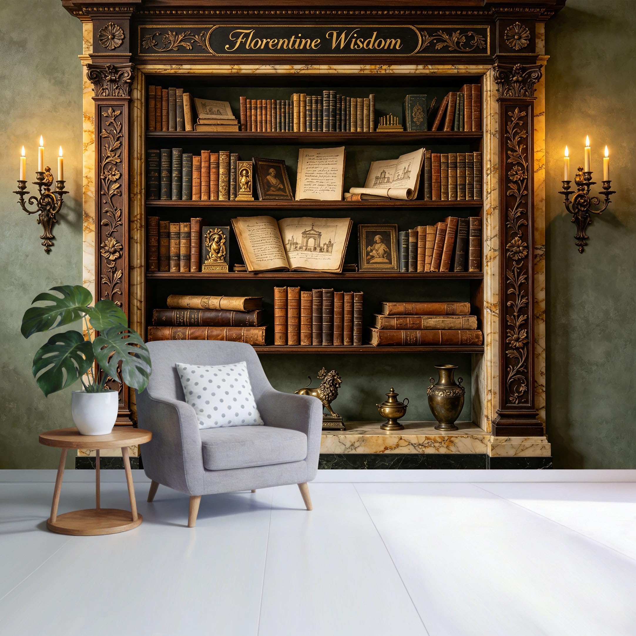 Custom Size Wall Mural Vintage Library Bookshelf 3D Trompe L'Oeil Removable Self Adhesive Fabric， Home Wall Decor for Living Room Bedroom Bathroom Study Room