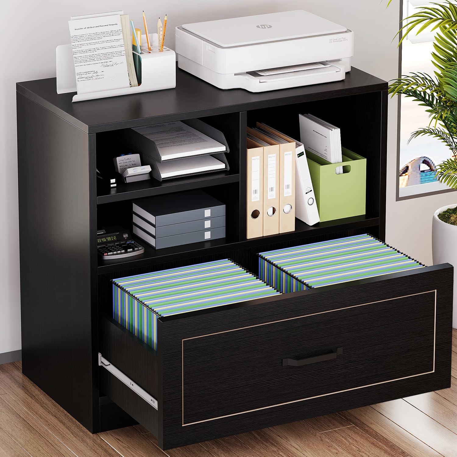 LVB Cassettiera in legno nero, 83 cm, con ripiano per stampante, per studio | Robusto telaio in legno con ripiano per stampante, molto spazio per lettere e documenti in formato A4