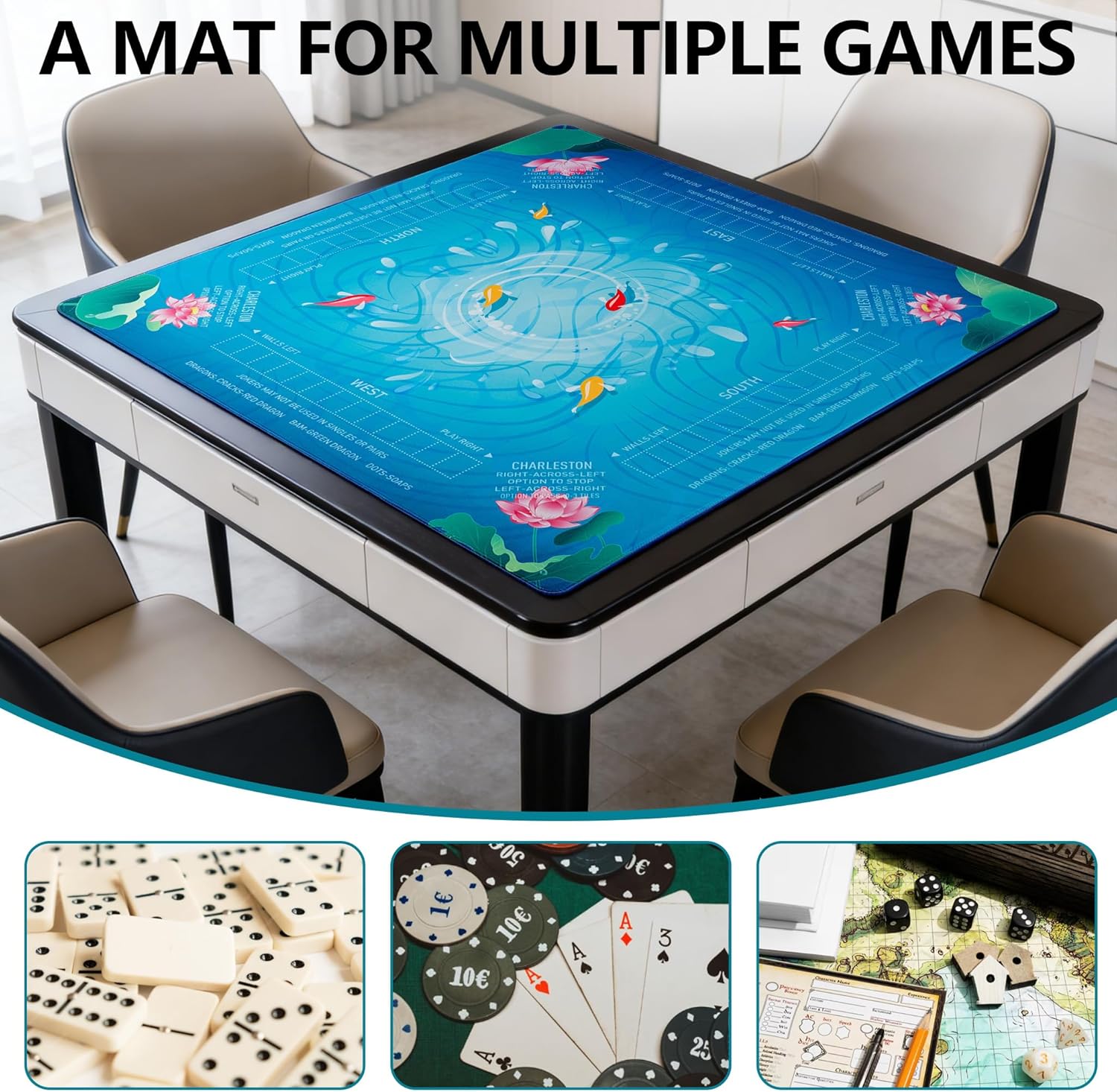 Mahjong Mat for Table,CUFURNIX 31.5''x31.5'' Non-Slip & Noise Reduction Mahjong Mat with Rules,Mah Jongg Gift with Carrying Bag for Poker,Board Games,Dominoes,Cards & Tile Games (Blue-Green)