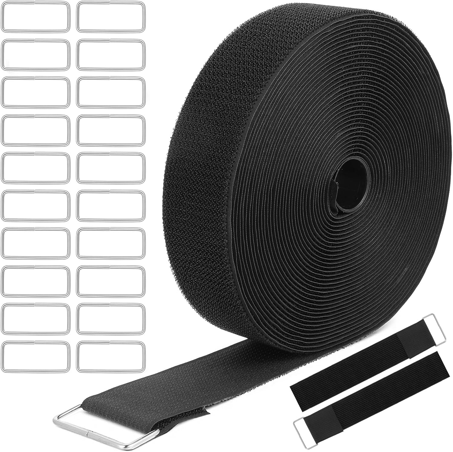 2" x40 ft Reusable Cinch Strap with 20 Metal Buckles, Hook and Loop Securing Strap Cable Ties for Cable Tidy, Wire Management, Cord Organiser, Black