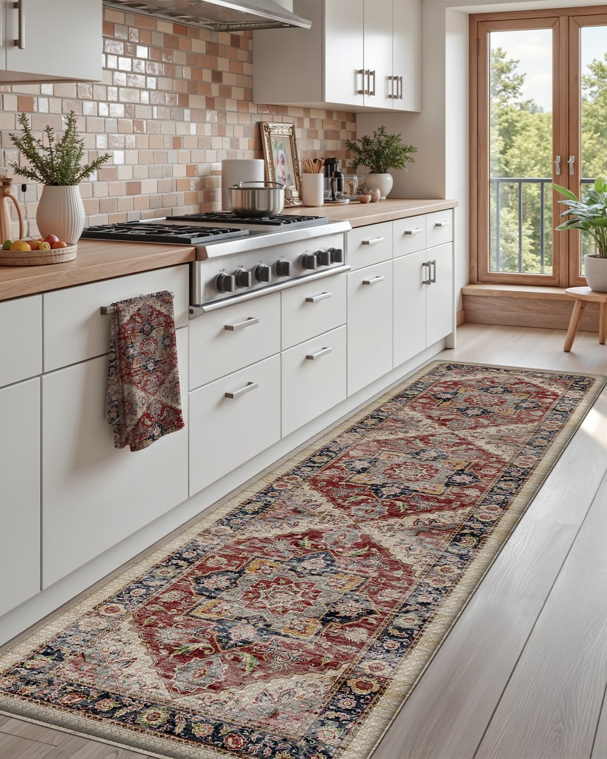 Kitchen Floor Mats Anti Fatigue, 23x86 Large Long Cushioned Vintage Runner Rug Waterproof, Standing Comfort Memory Foam Padded for Front Sink Laundry Office, Beige and Red