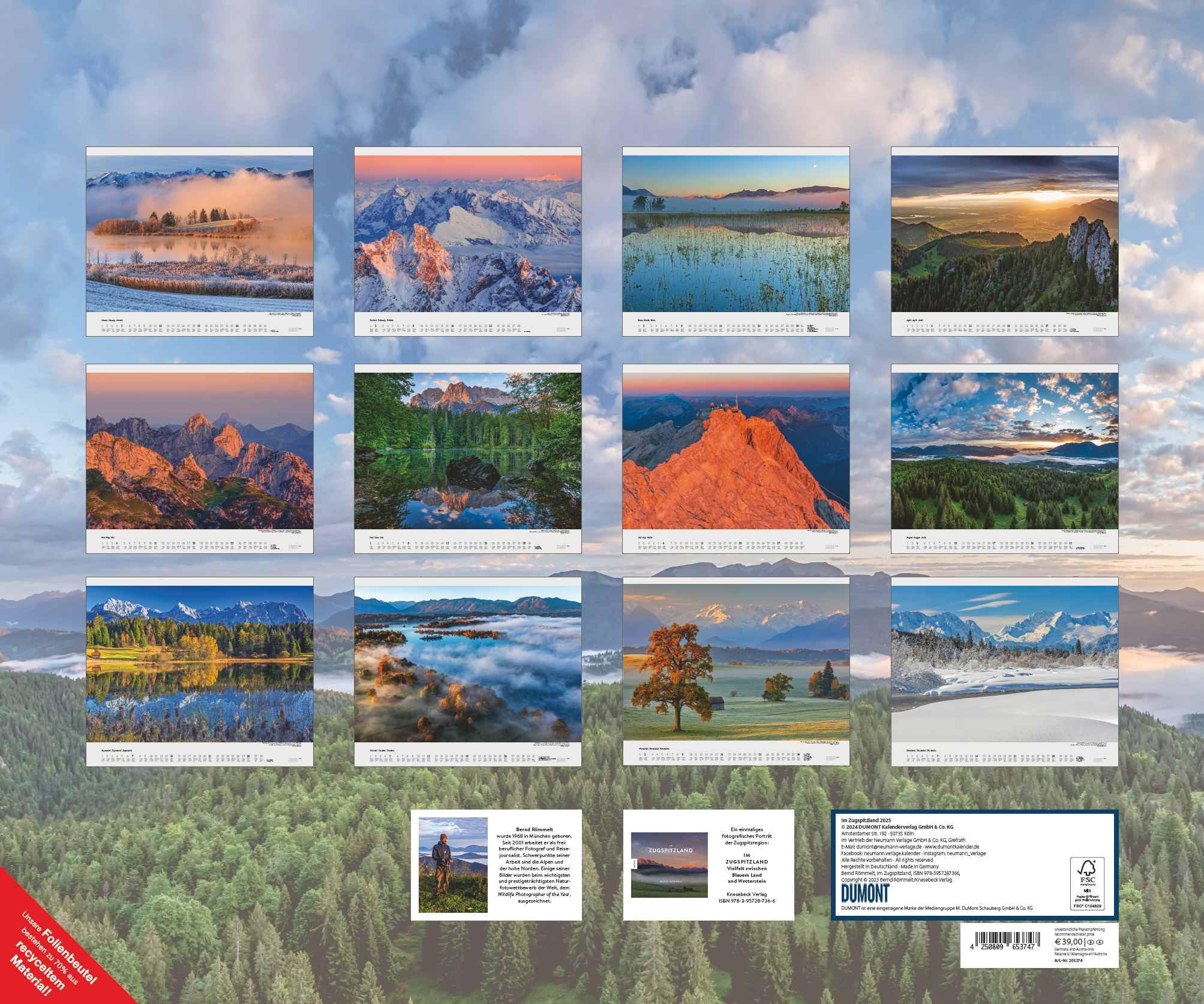 DUMONT - Im Zugspitzland 2025 Wandkalender, 60x50cm, Kalender mit Aufnahmen der Zugspitzregion von Bernd Römmelt, landschaftliche Vielfalt und Schönheit