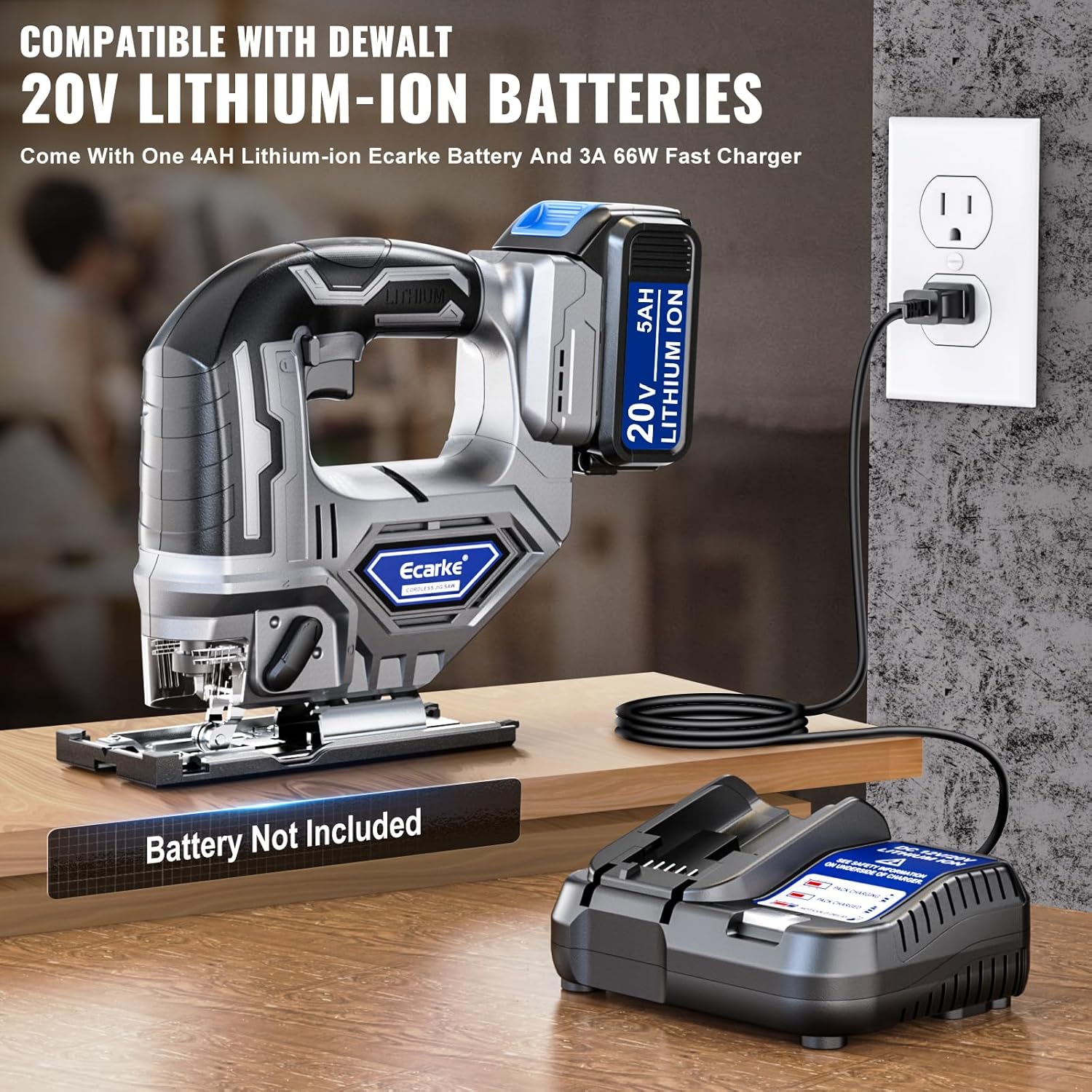 Ecarke Cordless Jigsaw Compatible with Dewalt 20V, Brushless Motor, Variable Speed, LED Light, 0°-45° Bevel Cuts, 3-Position Orbital Action for Cutting (With 5Ah Battery & Charger Station Kit)