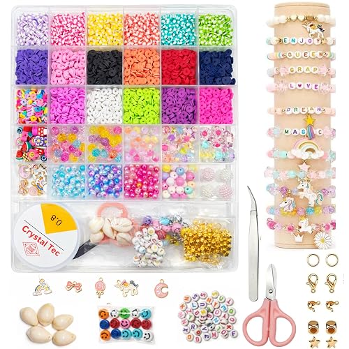 ZORVO® Premium Clay Bead Jewellery Making Kit - DIY Bracelet Making Set for Girls, Ultimate 4500+ Pcs Heishi Clay Beads Se, Clay Beads, Shells, and Pendants for Jewellery DesignComplete Jewellery Making Combo - Clay Beads, Charms, Scissors, and Crystal Threa