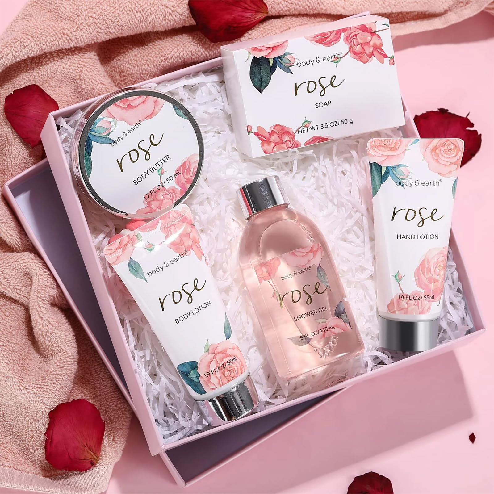 BODY & EARTH Confezione Regalo per Donne, 5 Pezzi, Rosa, gel Doccia, Burro per il Corpo, Crema per Le mani, Lozione per il Corpo, Regalo di Compleanno, Fidanzata, San Valentino per lei