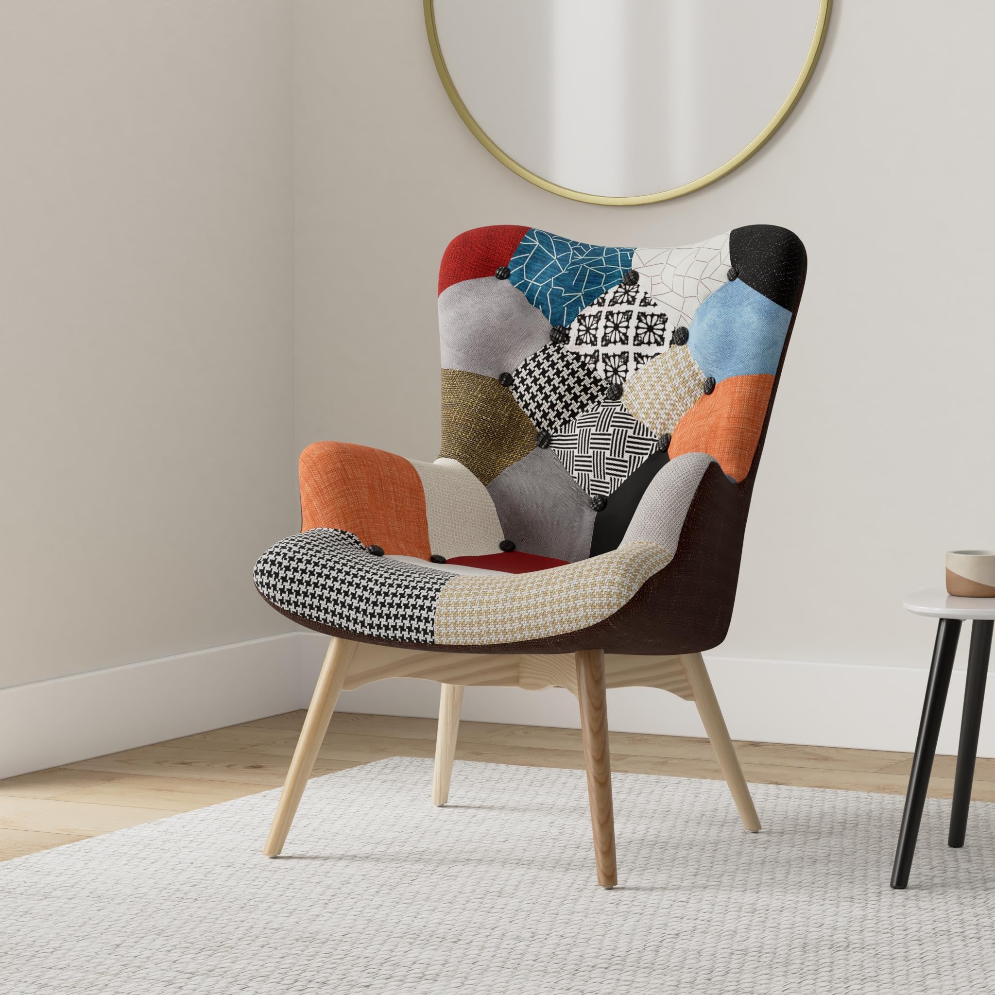 KONTE.DESIGN Poltrona HAVANA in tessuto patchwork Multicolore, gambe in legno di faggio, 70 x 78 x 96 cm