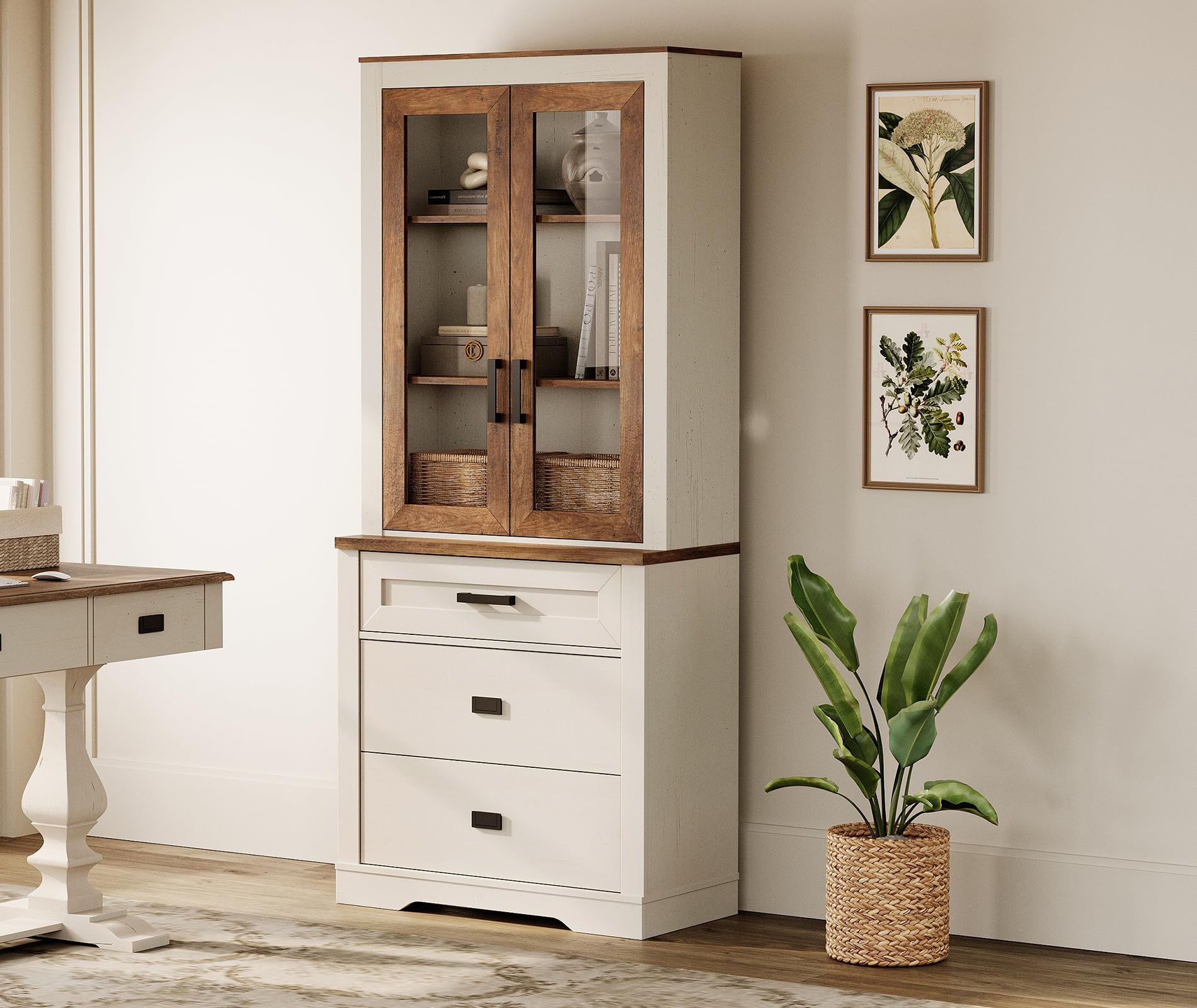 WAMPAT 73.3" Tall Bookcase with Glass Door, 31.5" Wide Rustic Wood Bookshelves with Chest of Drawers, Modern Farmhouse Display Storage Cabinet with Adjustable Shelves for Home,Office,White&Oak