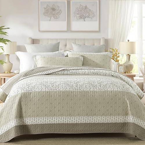 Miniatura 9 de Colcha tamaño King – Juego de edredón gris y blanco con fundas a juego, colcha de diseño floral vintage, colcha de 3 piezas 100% algodón, ligera