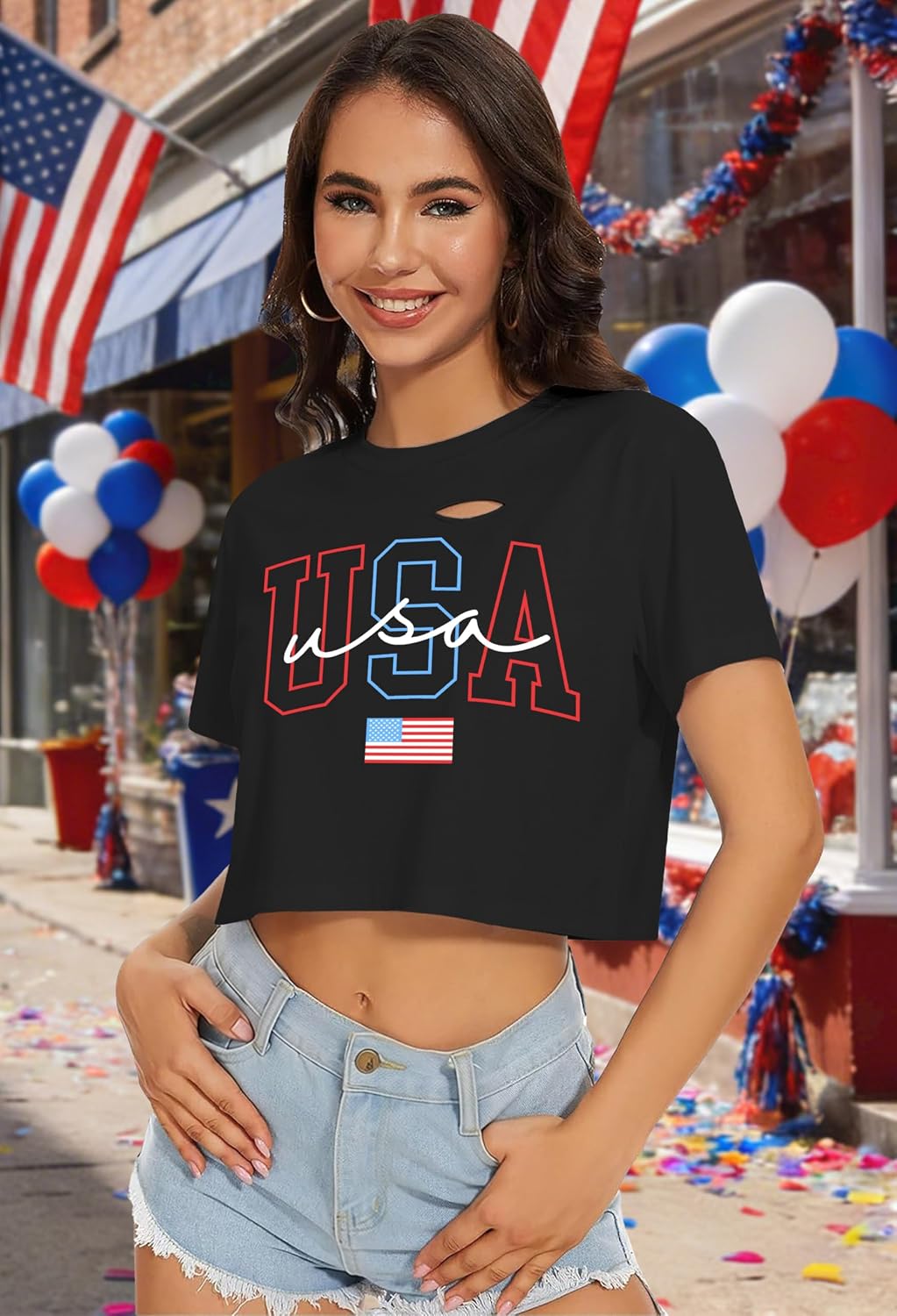 hohololo USA Crop Tops Women 4th of July Shirts Patriotic Shirt American Flag Tee Memorial Day Tshirt Girls Crop Tops thumbnail