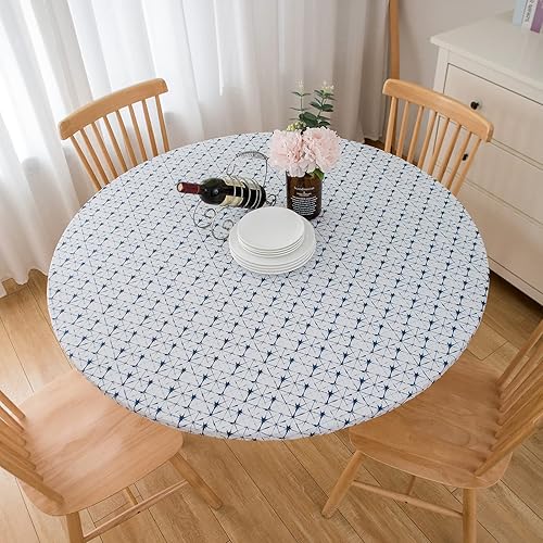 Miniatura 9 de LIBERECOO Mantel redondo de vinilo ajustable impermeable con bordes elásticos, líneas geométricas, manteles de plástico para interiores y exteriores