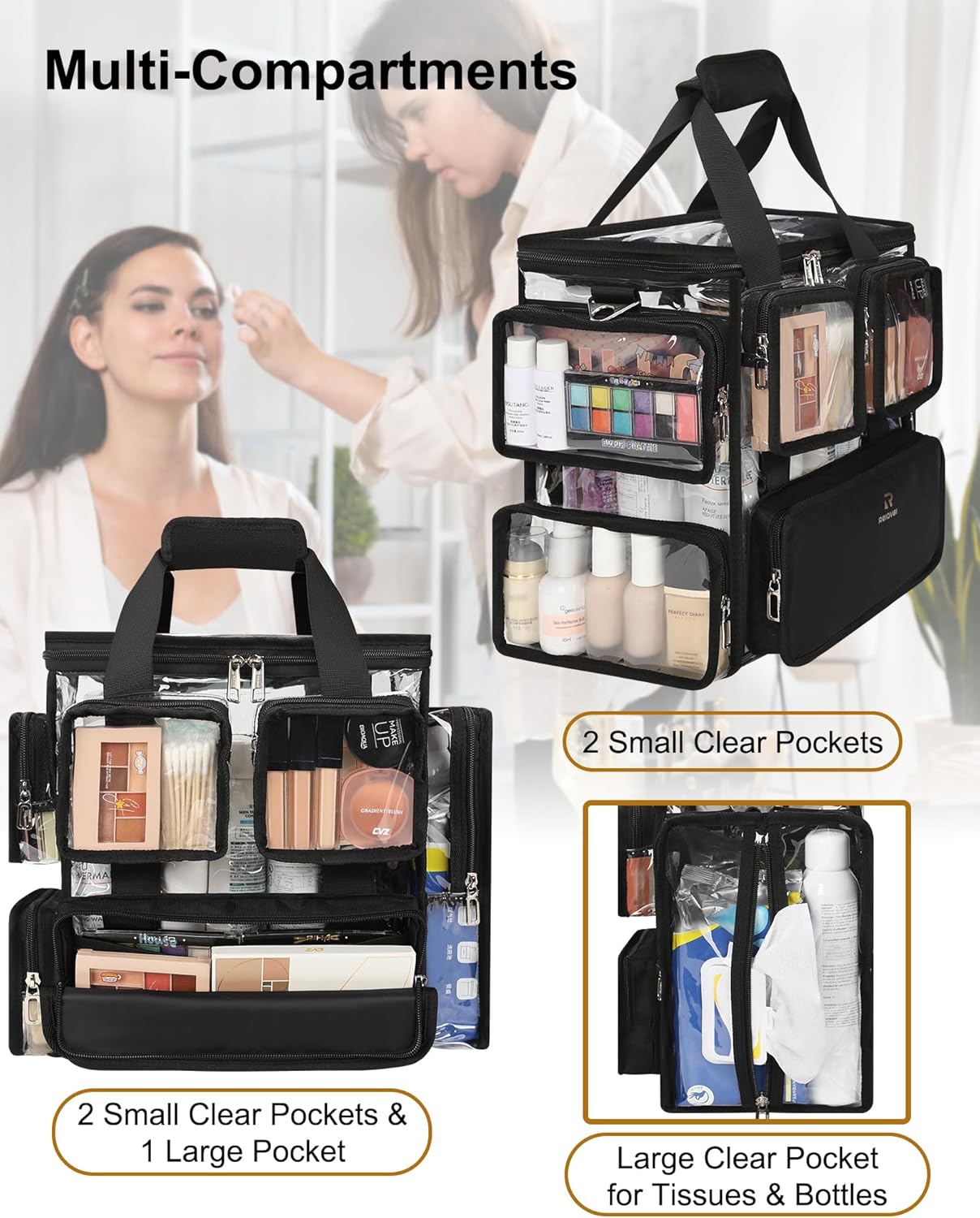 Relavel Large Clear Makeup Bags, Professional Makeup Artist Kit Set Bag with Removable Dividers, Travel Cosmetic Organizer Hairstylist Traveling Bag Transparent PVC Work Tote Bag Duffle Bag for Women