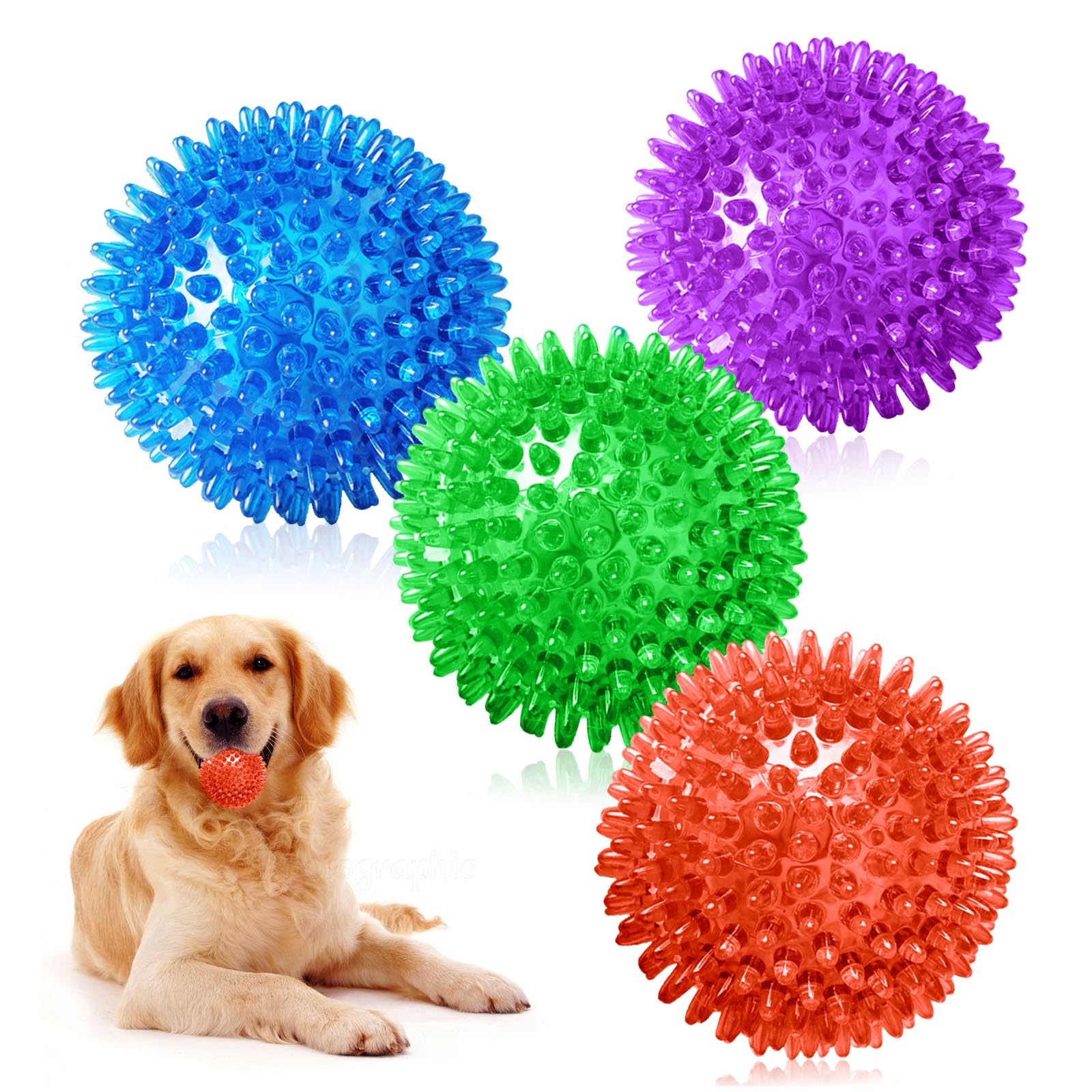 AYNKH Juego de 4 juguetes chirriantes para perros, bolas indestructibles para masticar para cachorros, perros pequeños y medianos, limpiar los dientes y entrenar, juguete flotante para piscina, bolas