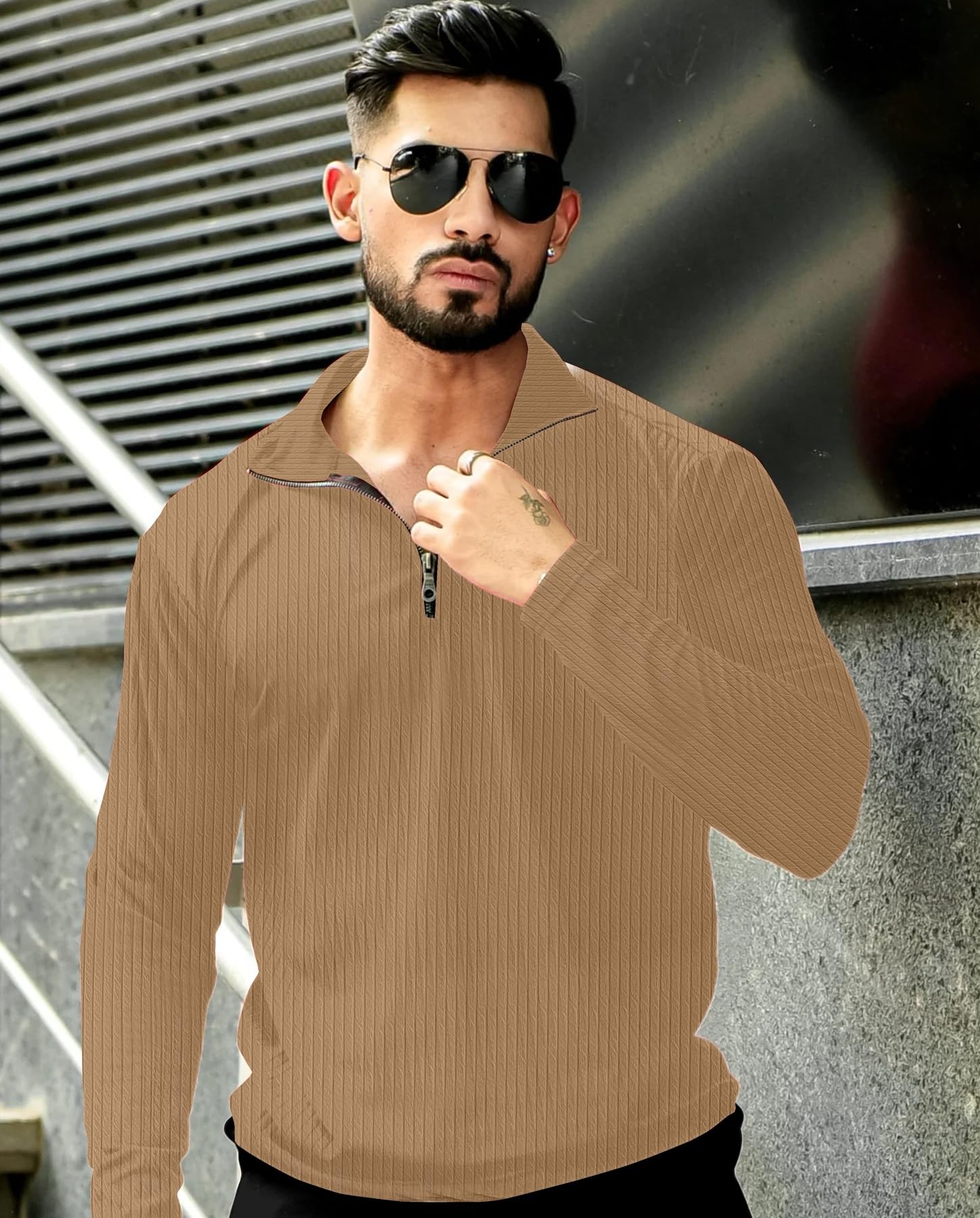 KAJARU Men's Quarter Zip Pullover T-Shirt, Cable Knit Pattern, Full Sleeve (in, Alpha, 2XL, CHIKU) - Image 7 thumbnail