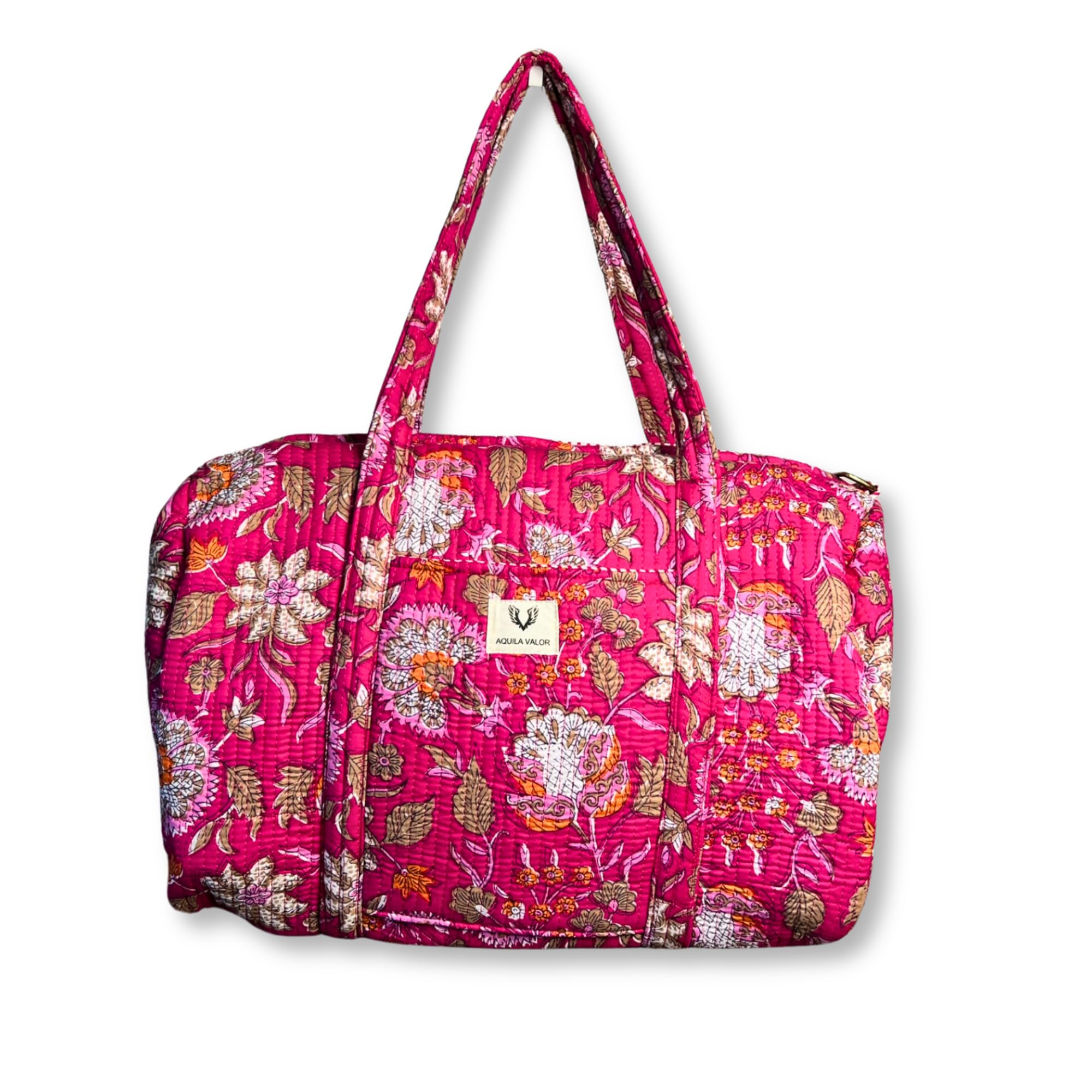 Quilted Cotton Travel Duffel Bag Weekender Short Trip Reinforced Stitching Gift for Her (Blossom Pop)