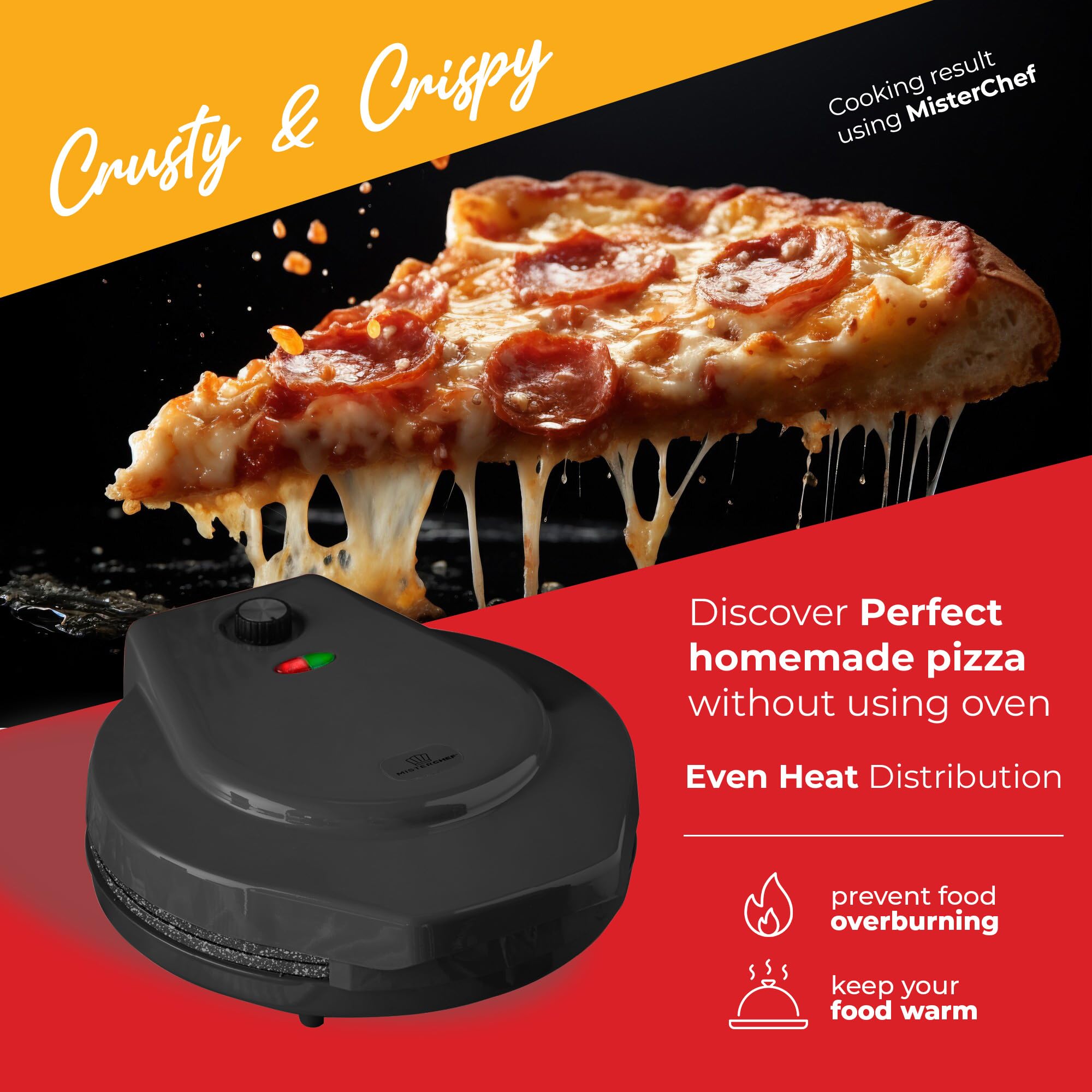 MisterChef Countertop Pizza Maker, 1450W Mini Pizza Oven, Pizza Maker Oven With 12″ Non-Stick Ceramic Plate, Indoor Electric Pizza Oven for Crepes, Pancakes - Black - Detailed View