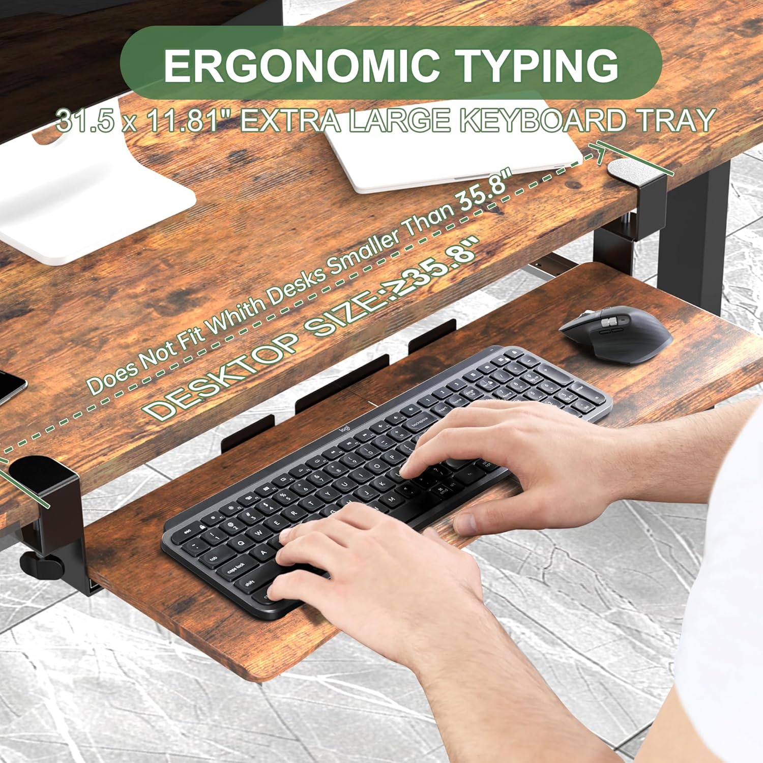 Extra Large Keyboard Tray Under Desk - Slide Out with Sturdy C-Clip Mount System, Extra Wide 31.5" (35.8" Including Clamps) x 11.8" Pull-Out Keyboard Computer Drawer, Rustic Vintage Brown