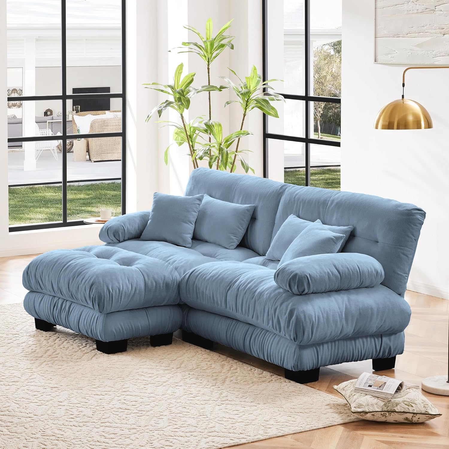 Modular Sectional Sofa for Living Room,94.4" L-Shaped Comfy Couch with Ottoman,2 Seater Blue Small Couches for Small Spaces,Fluffy Couch Set with Deep Seat