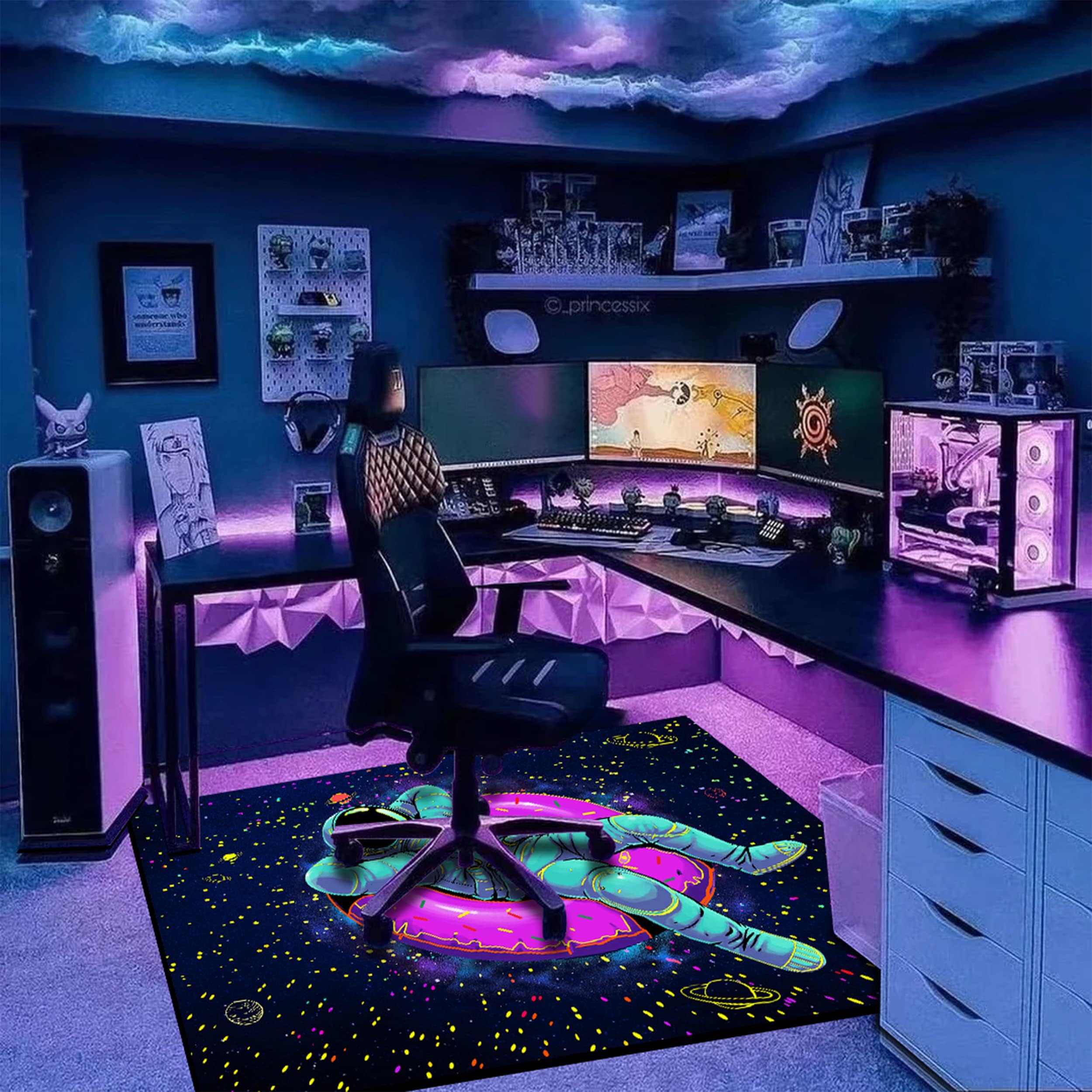 HOLAVIDA Tappeto Astronauta Luce Nera per Bambini, Grande Tappeto Fluorescente UV, Luminosa Antiscivolo, Decorazione Spaziale che Brilla al Buio per Giochi, Camera, Soggiorno 180x120cm
