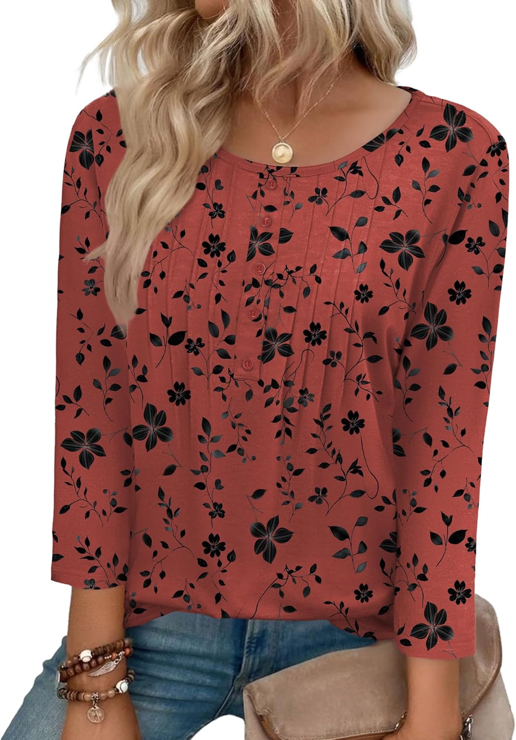 Zeagoo 3/4 Length Sleeve Womens Tops Round Neck Casual Summer Tunic Tops Basic Tees Blouses Dressy T-Shirts Pleated Shirts - Image 2