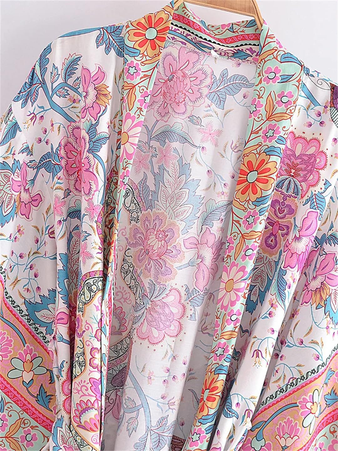 Disimlarl Kimono bohemio con estampado de manga murciélago para mujer, cuello en V, borla, manga larga, para cubrir el bikini