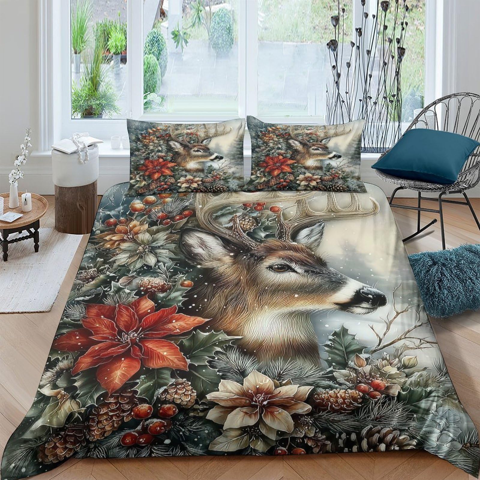 GPLZQXKJNH 3D Printed Woodland Deer Duvet Cover Microfiber Breathable Forest Flowers Bedding Set with 2 Pillowcases for Bedroom Decor Single（135x200cm）