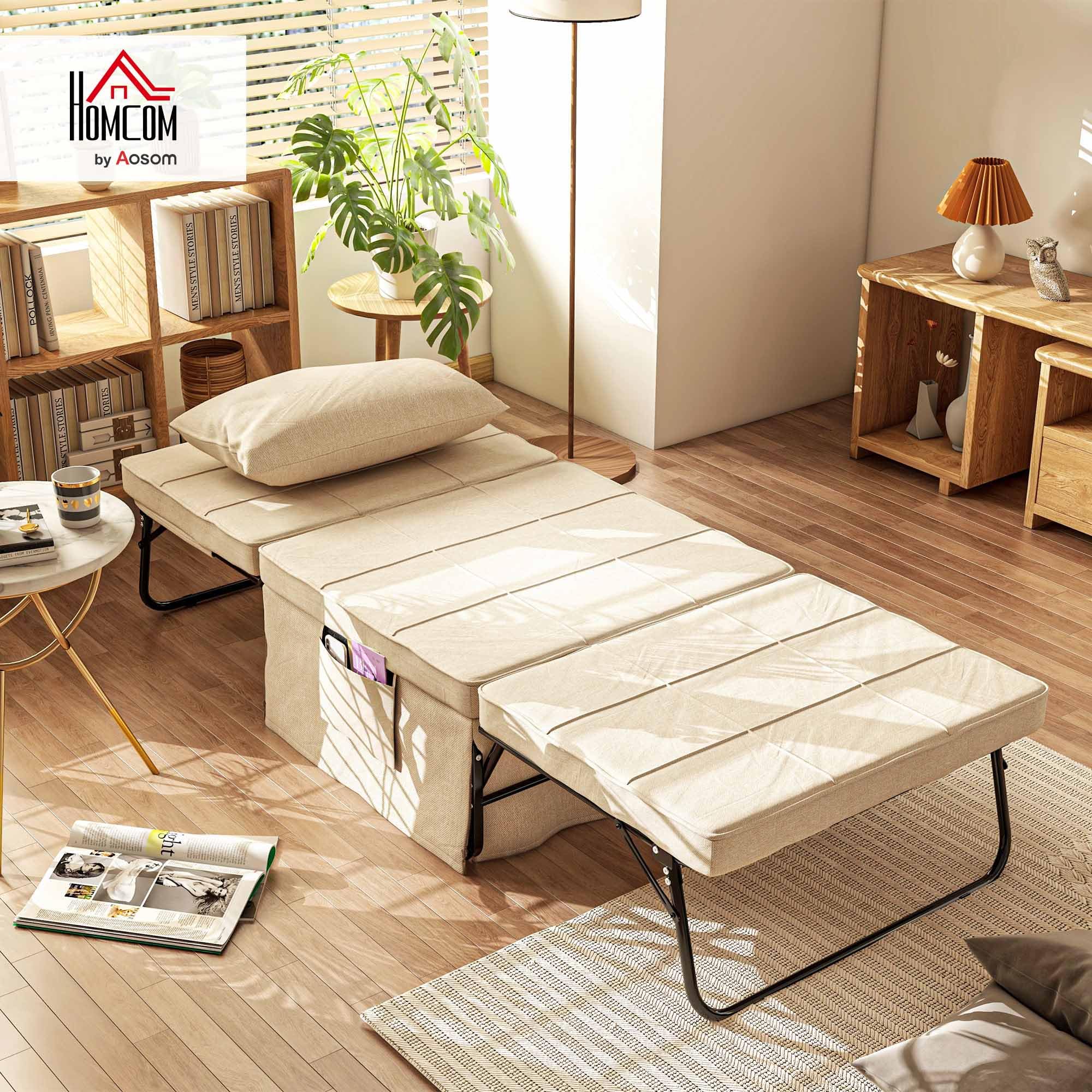 HOMCOM Sofá Cama de 1 Plaza 4 en 1, Sillón Cama Plegable, Otomana, Tapizado en Lino, con Respaldo Ajustable de 5 Niveles, Almohada Acolchada, para Oficina, Dormitorio, Salón, 75x80x74 cm, Crema