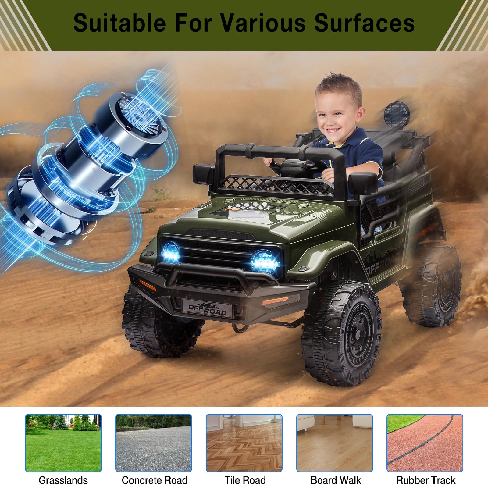 Hetoy 12V Electric Ride-On Truck for Kids - Remote Control Car with Spring Suspension, LED Lights, Music & 3 Speeds | Battery-Powered Ride Toy (Ages 3+)