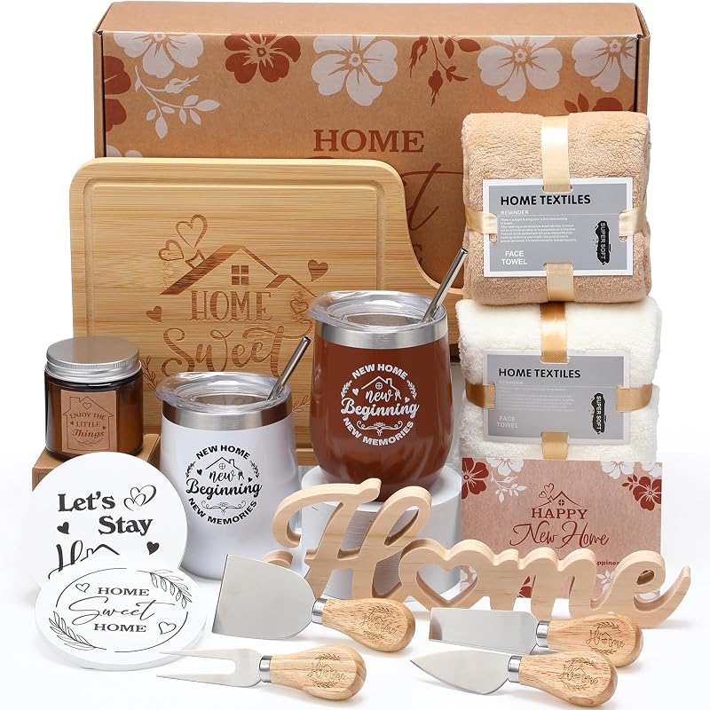 19 Pcs Housewarming Gift for Couple, Rustic Brown New Home Set | Closing Gifts for First House Buyers, Bamboo Board Cups Candles Towels Kitchen Tools, Apartment Move in Basket Essentials