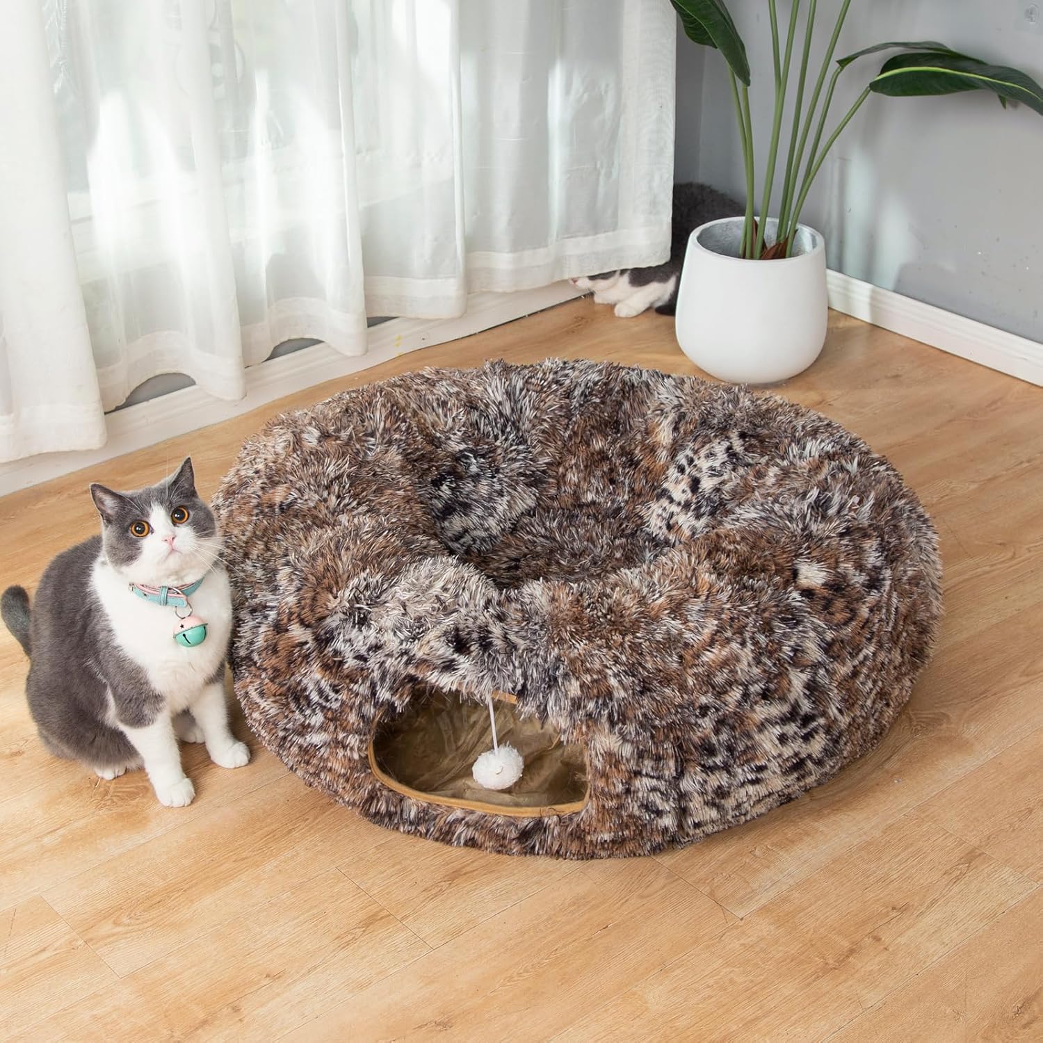 LUCKITTY Warm Fluffy Plush Cat Tunnel Bed with Washable Cushion- Big Tube Playground Toys 3 FT Diameter Collapsible, for Indoor Cat Kitty Kitten Puppy Rabbit Ferret Leopard Print