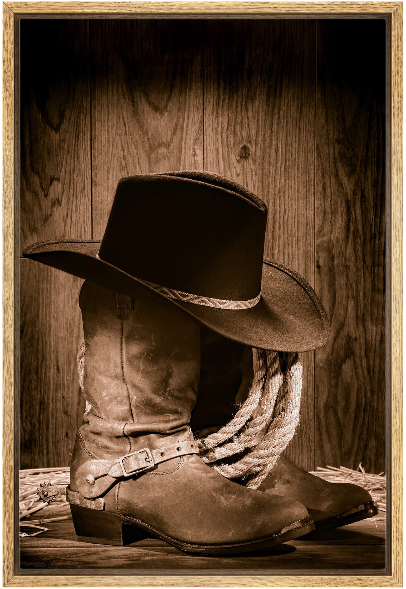 wall26 - Cowboy Black Hat ATOP Western Boots - Framed Canvas Art Wall Art - 16"x24" Natural