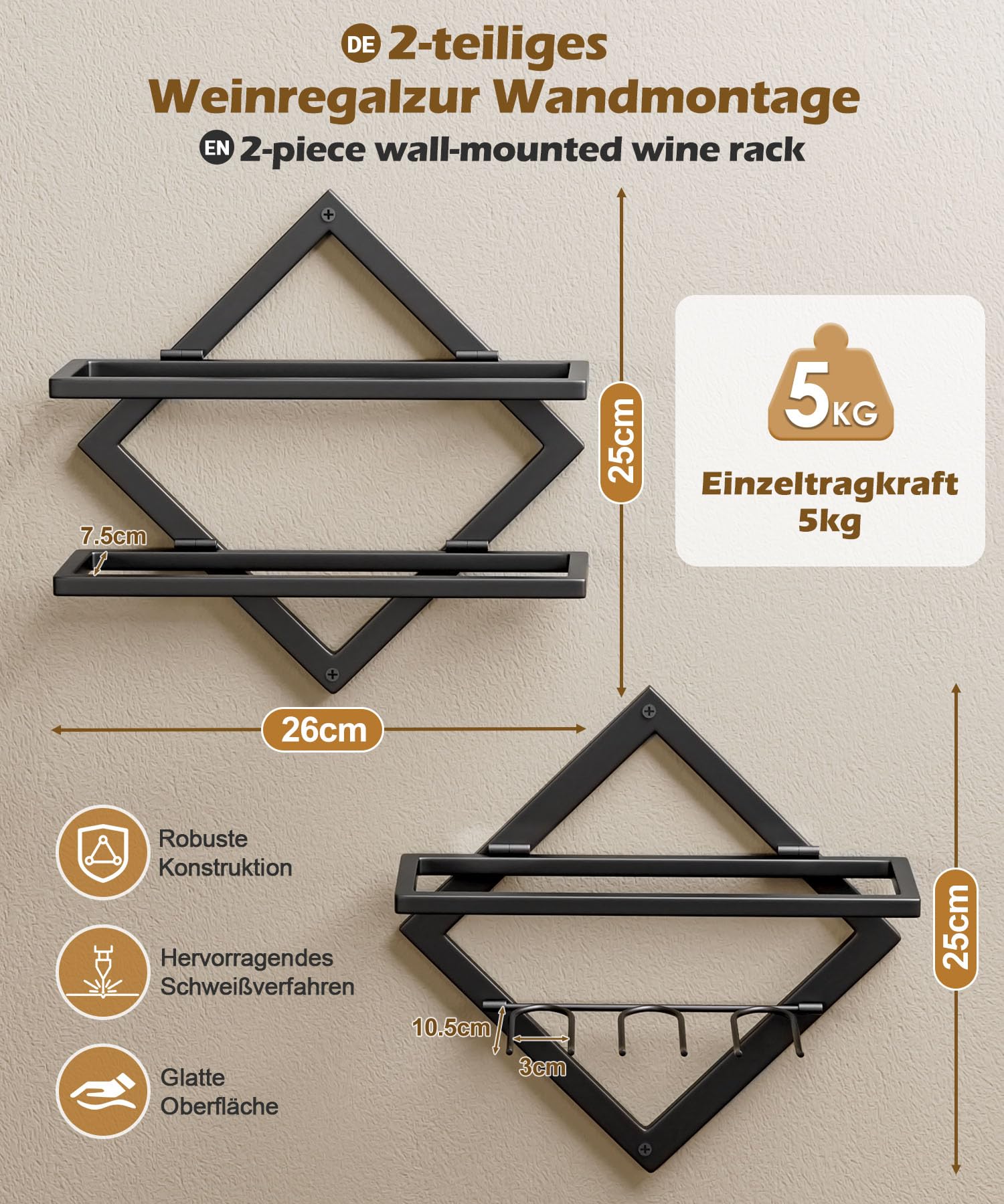 YORBAY Botellero de Pared Metálico con Portavasos: Botellero Vino Decorativo Moderno para 3 Botellas y hasta 6 Copas - Mueble Bar Ahorra Espacio para Salón Bar Cocina