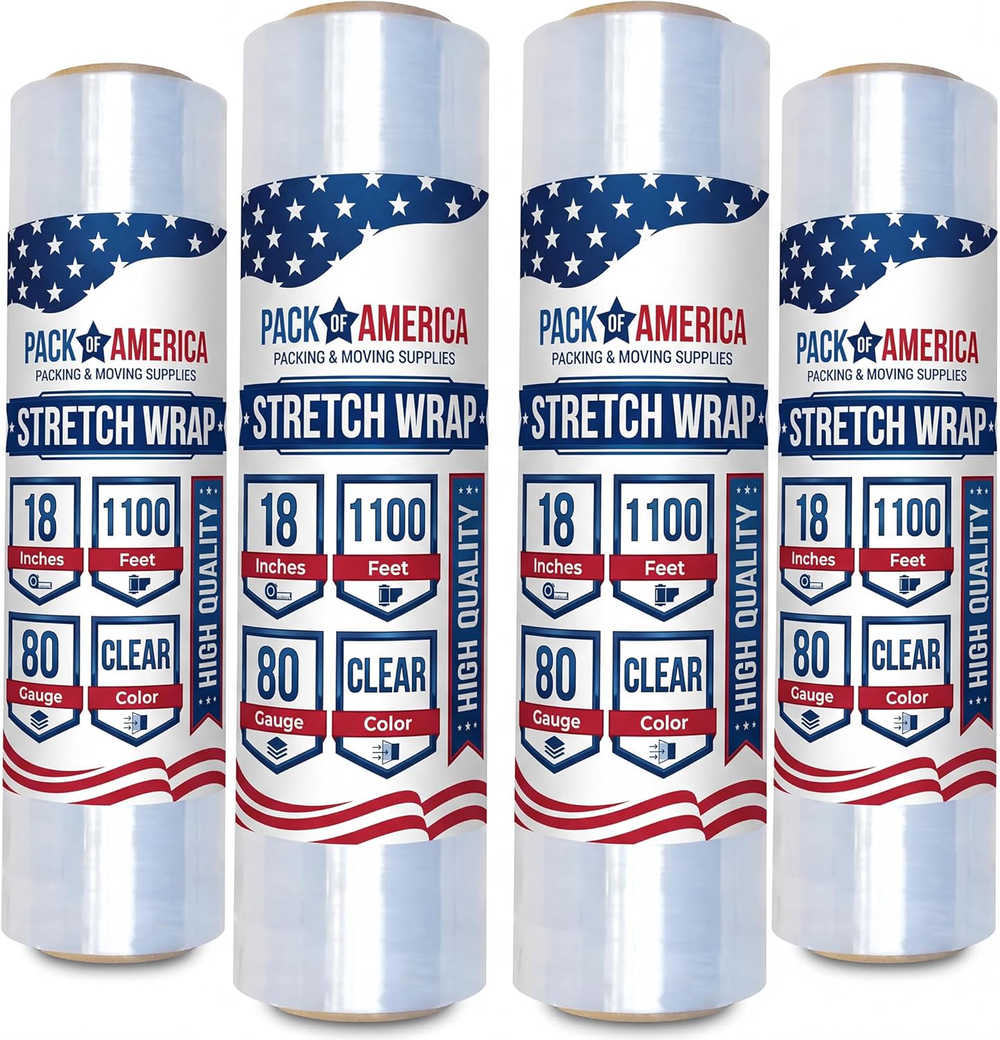Pack of America Stretch Film - 4 Roll Clear, 18” x 1100 Feet, 80 Gauge (20 Micron) Industrial Heavy Duty Plastic Shrink Wrap and Dispenser for Packing, Shipping, Pallet, Moving Supplies