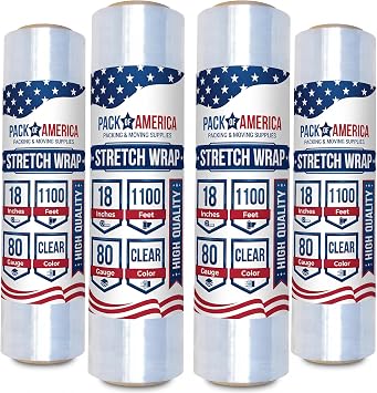 Pack of America Stretch Film - 4 Roll Clear, 18 x 1100 Feet, 80 Gauge 20 Micron Industrial Heavy Duty Plastic Shrink Wrap and Dispenser for Packing, Shipping, Pallet, Moving Supplies