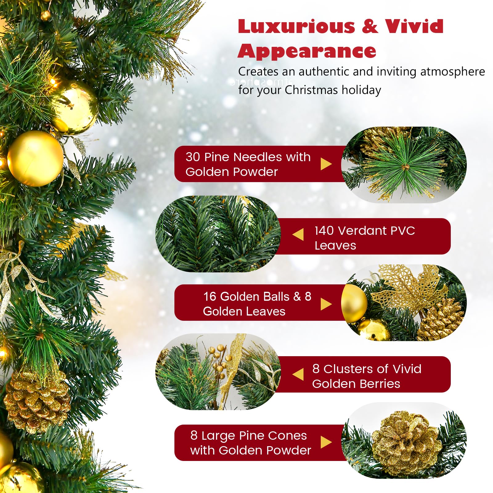 KOMFOTTEU 270 cm Guirnalda de Navidad con 50 Luces LED, Guirnalda de Abeto Artificial con Función de Temporizador, Decoración Navideña con para Escalera, Chimenea (Verde y Dorado)