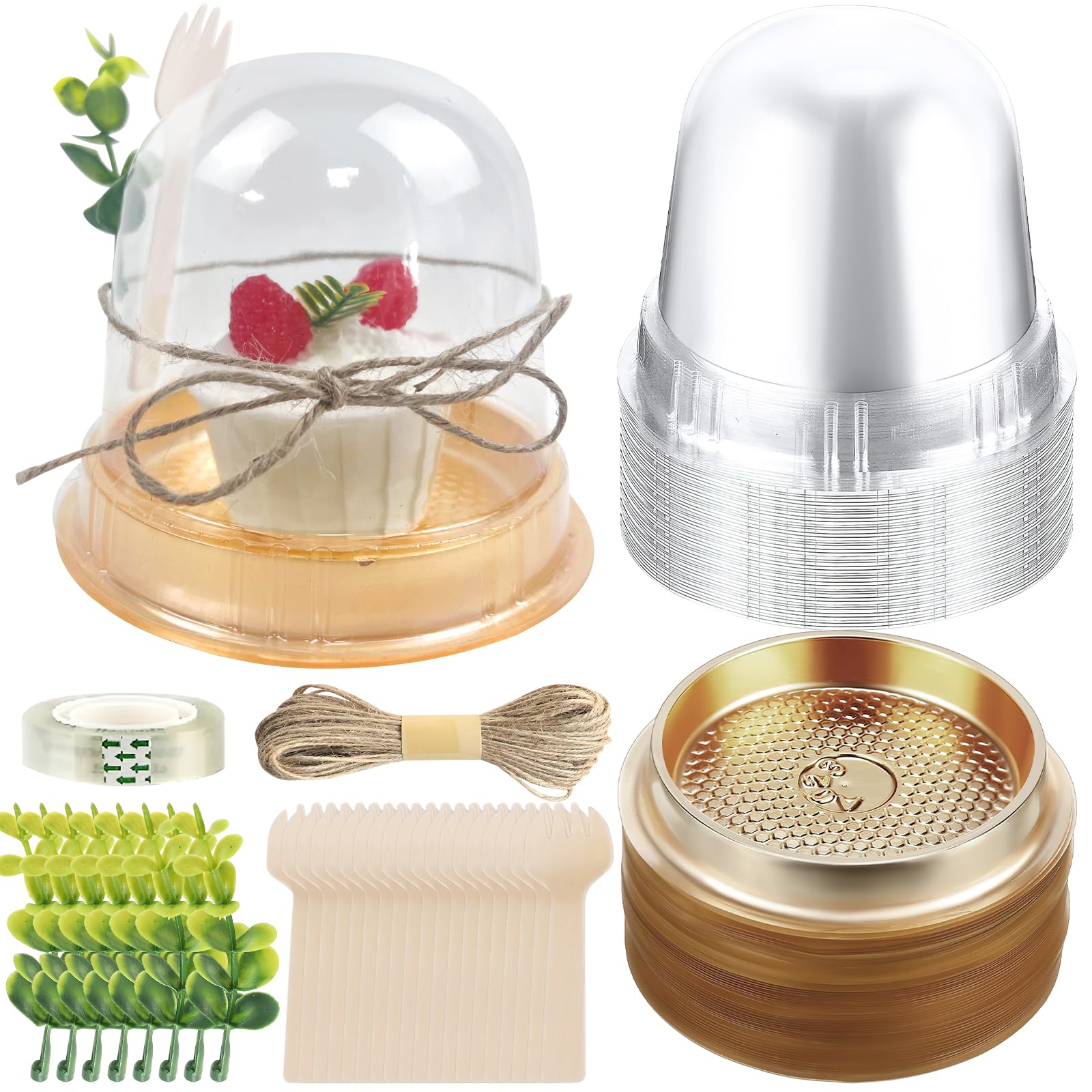 50 Sets Charcuterie Cups with Lids Set, Clear Plastic Cupcake Container Appetizer Disposable Wooden Forks Eucalyptus Leaves and Rope for Summer Bridal Shower Wedding Birthday Event Dessert Display