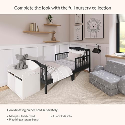 Miniatura 30 de Dream On Me Cama infantil de diseño clásico en mantequilla de almendra, cama de madera baja al suelo con rieles de seguridad, certificado GREENGUARD